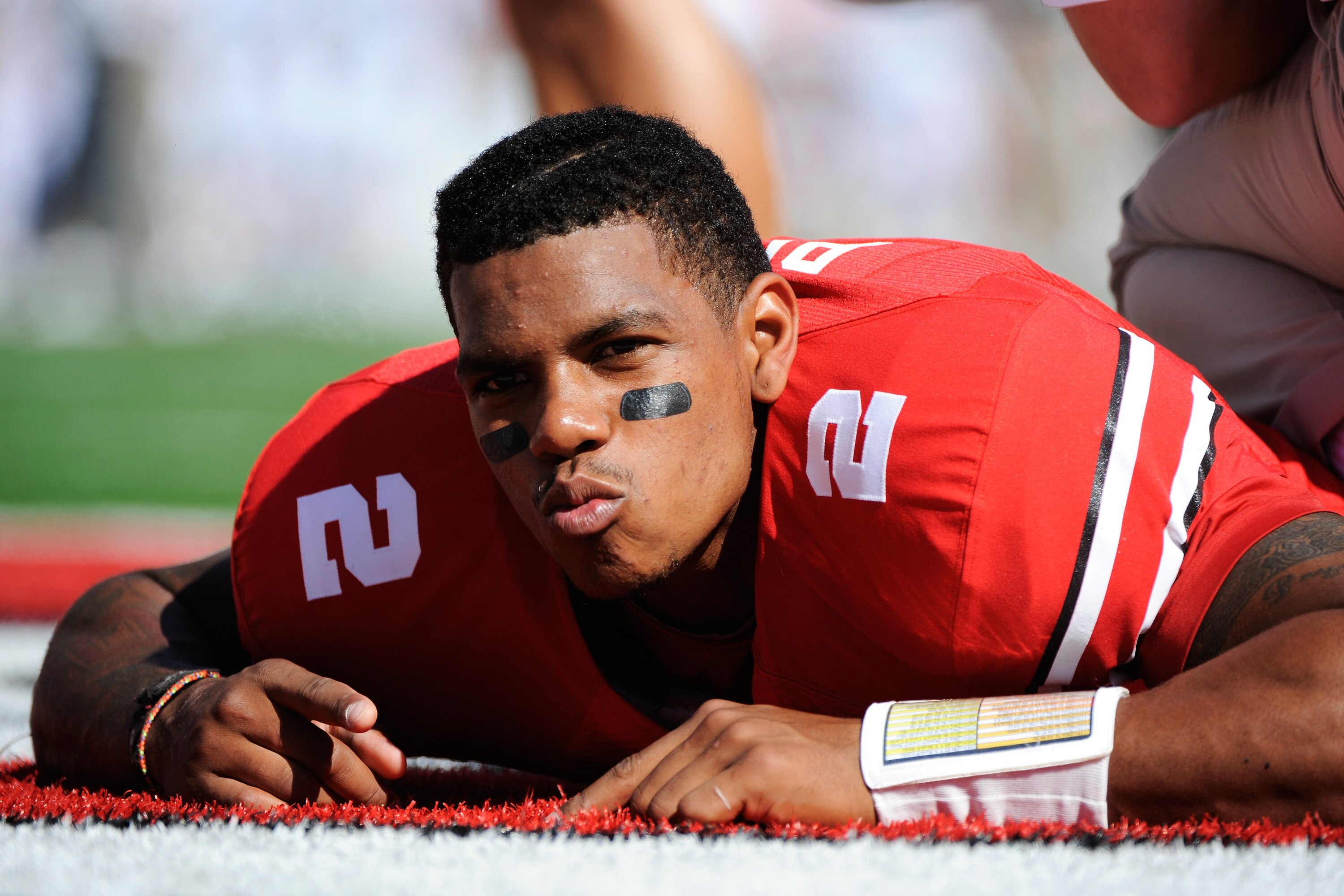 COLUMBUS, OH - SEPTEMBER 18:  Terrelle Pryor #2 of the Ohio State Buckeyes blows kisses to a TV camera while stretching before a game against the Ohio Bobcats at Ohio Stadium on September 18, 2010 in Columbus, Ohio.  (Photo by Jamie Sabau/Getty Images)