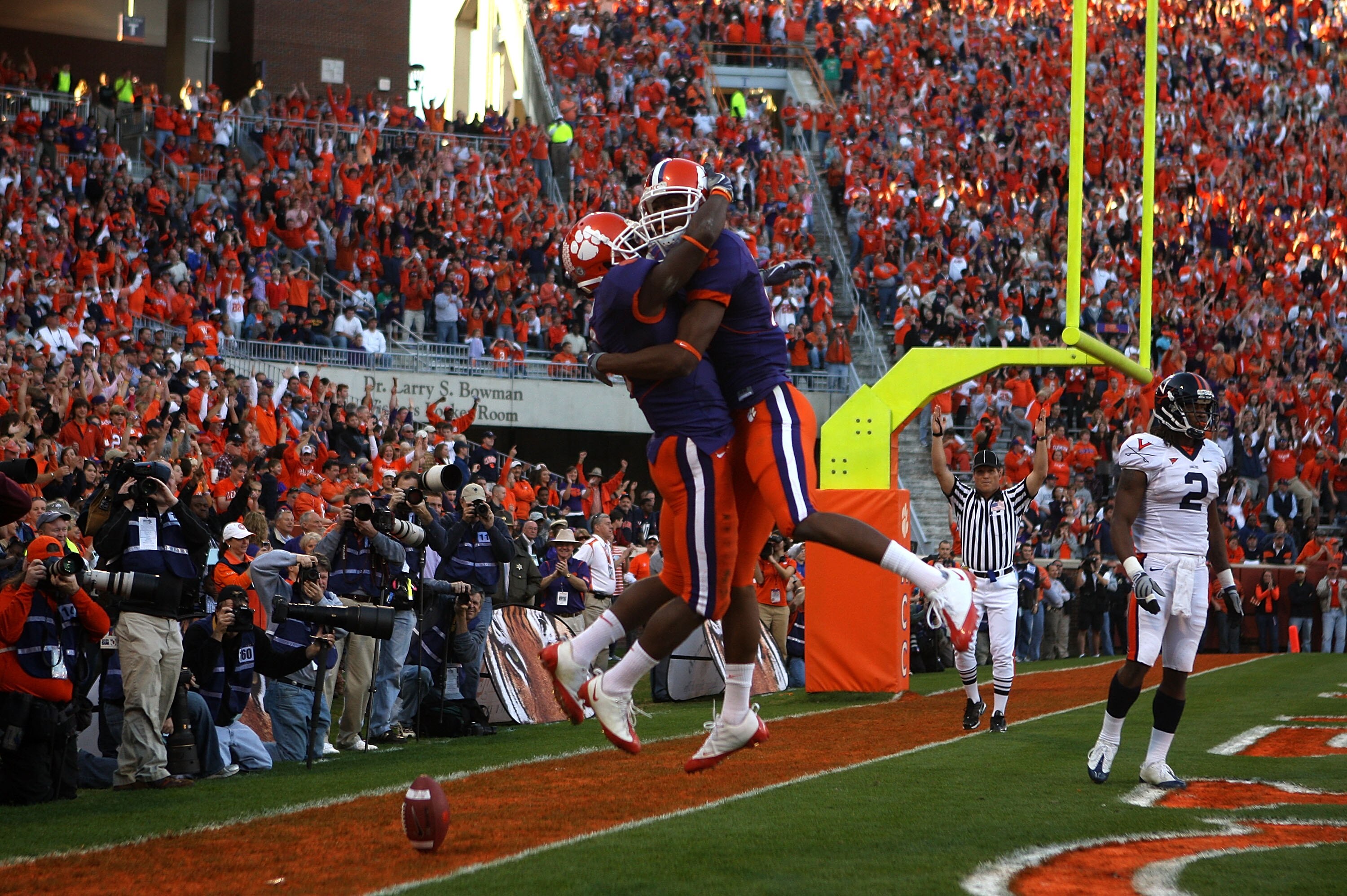 CLEMSON, SC - NOVEMBER 21:  Teammates Jacoby Ford #6 celebrates with his teammate Xavier Dye #21 of the Clemson Tigers after catching a touchdown against the Virginia Cavaliers during their game at Memorial Stadium on November 21, 2009 in Clemson, South C