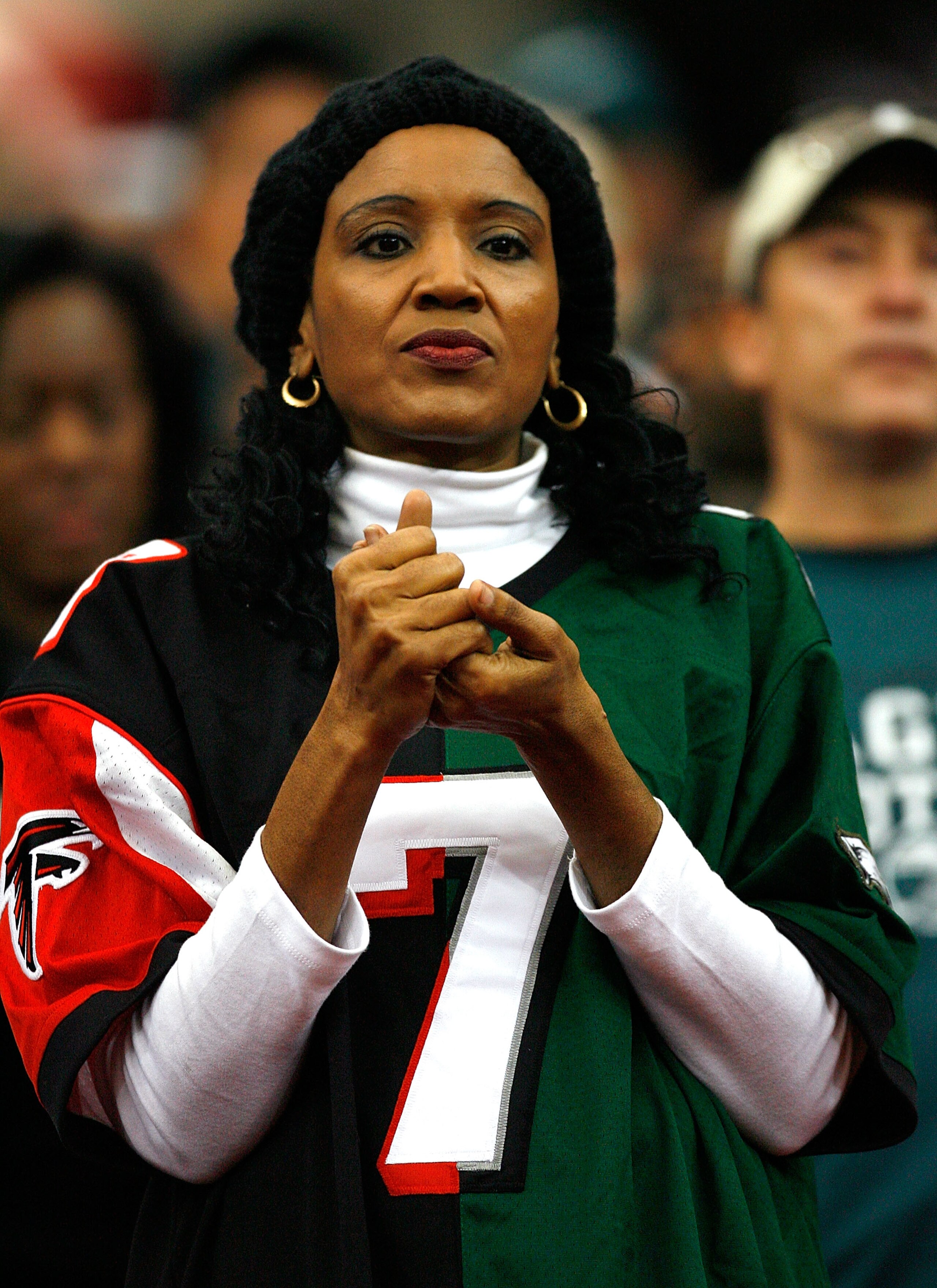 ATLANTA - DECEMBER 06:  A fan wears a split-team #7 jersey for Michael Vick #7 (not pictured) of the Philadelphia Eagles during the game against the Atlanta Falcons at Georgia Dome on December 6, 2009 in Atlanta, Georgia.  (Photo by Kevin C. Cox/Getty Ima