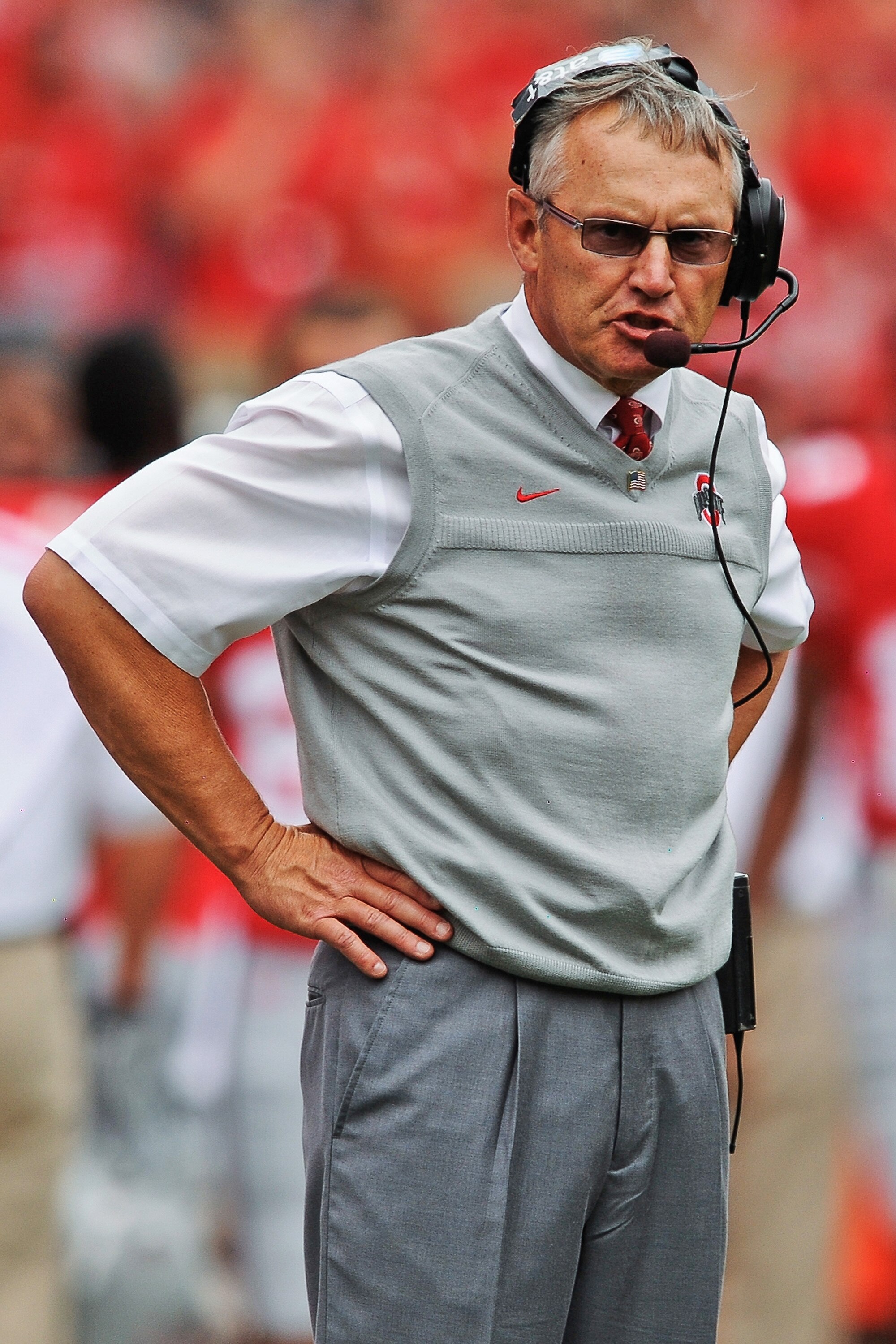 COLUMBUS, OH - SEPTEMBER 11:  Head Coach Jim Tressel of the Ohio State Buckeyes watches his team play against the Miami Hurricanes at Ohio Stadium on September 11, 2010 in Columbus, Ohio.  (Photo by Jamie Sabau/Getty Images)