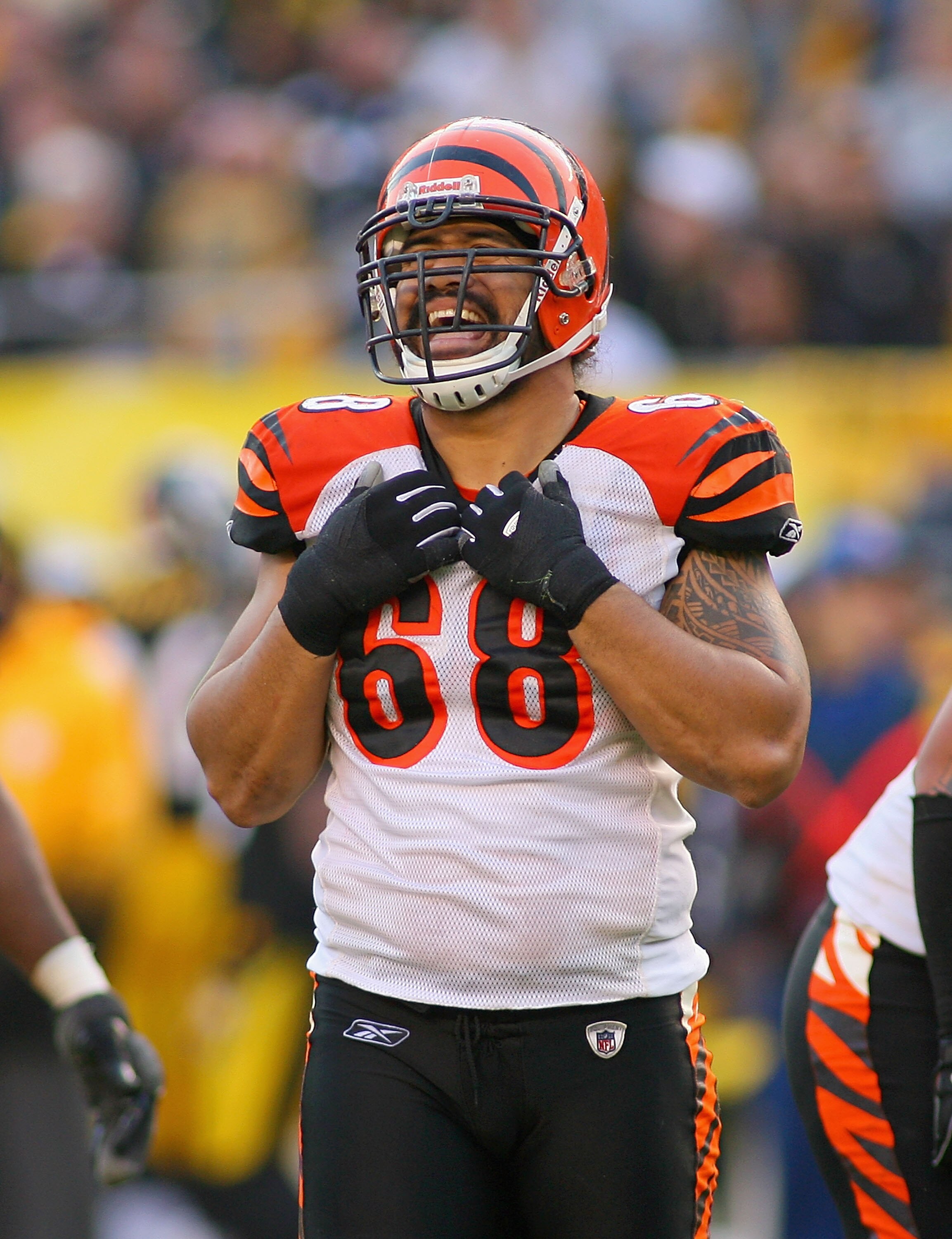PITTSBURGH - NOVEMBER 15: Jonathan Fanene #68 of the Cincinnati Bengals reacts to a play against the Pittsburgh Steelers at Heinz Field on November 15, 2009 in Pittsburgh, Pennsylvania.  (Photo by Rick Stewart/Getty Images)