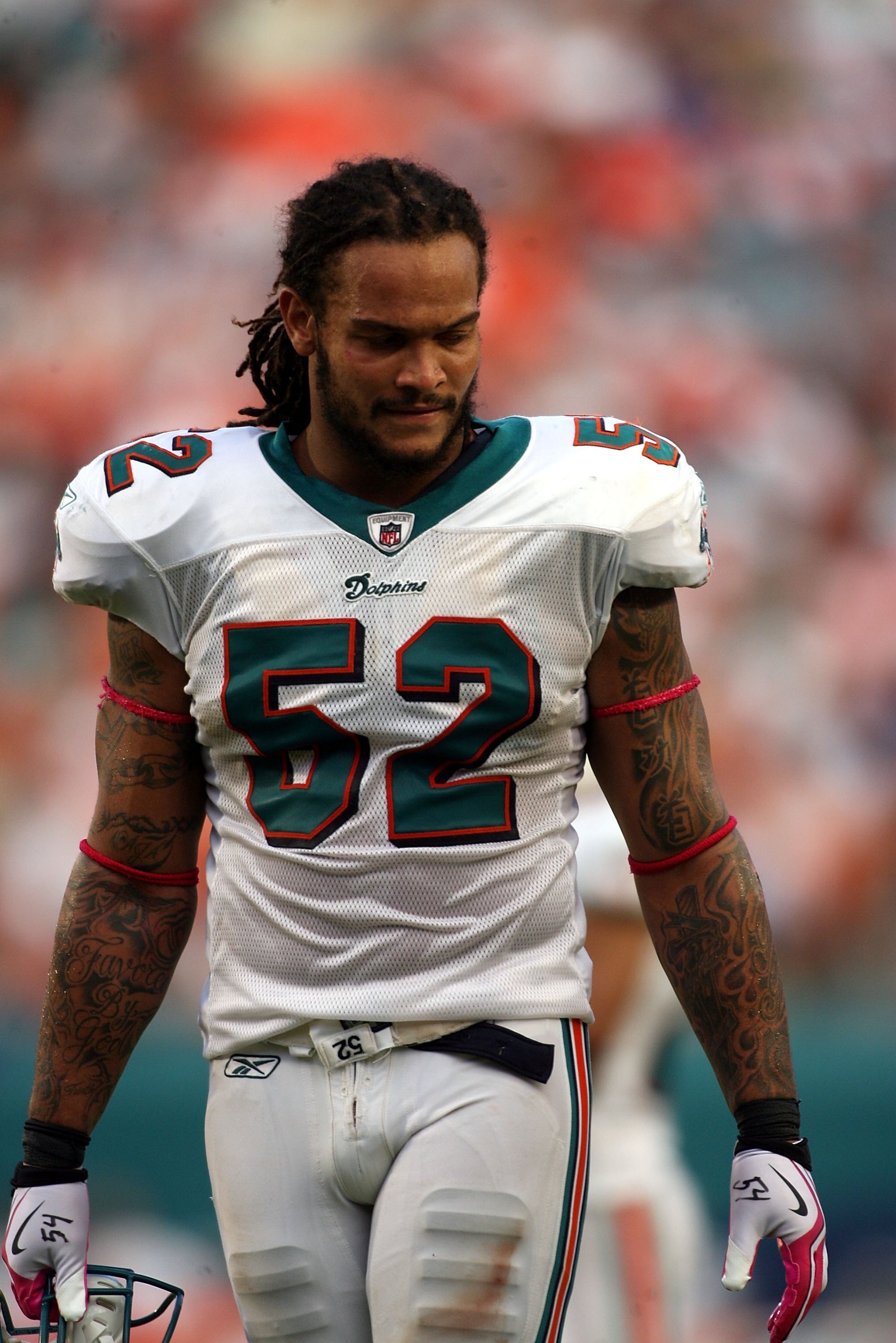 MIAMI - OCTOBER 04:  Linebacker Channing Crowder #52  of the Miami Dolphins looks on against the Buffalo Bills at Land Shark Stadium on October 4, 2009 in Miami, Florida. Miami defeated Buffalo 31-30.  (Photo by Marc Serota/Getty Images)