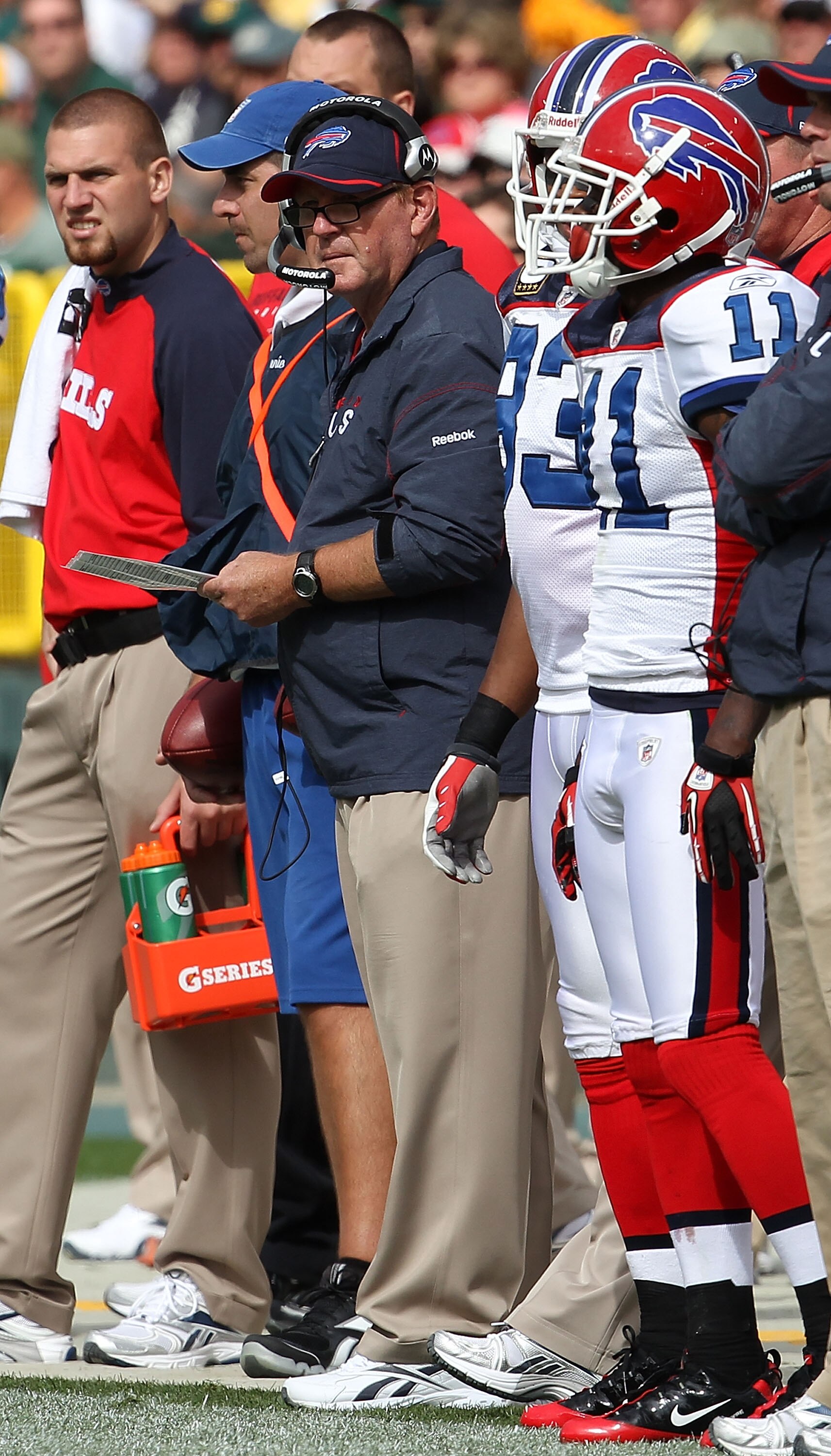 GREEN BAY, WI - SEPTEMBER 19: Head coach Chan Gailey of the Buffalo Bills (center) watches as his team takes on the Green Bay Packers at Lambeau Field on September 19, 2010 in Green Bay, Wisconsin. The Packers defeated the Bills 34-7. (Photo by Jonathan D