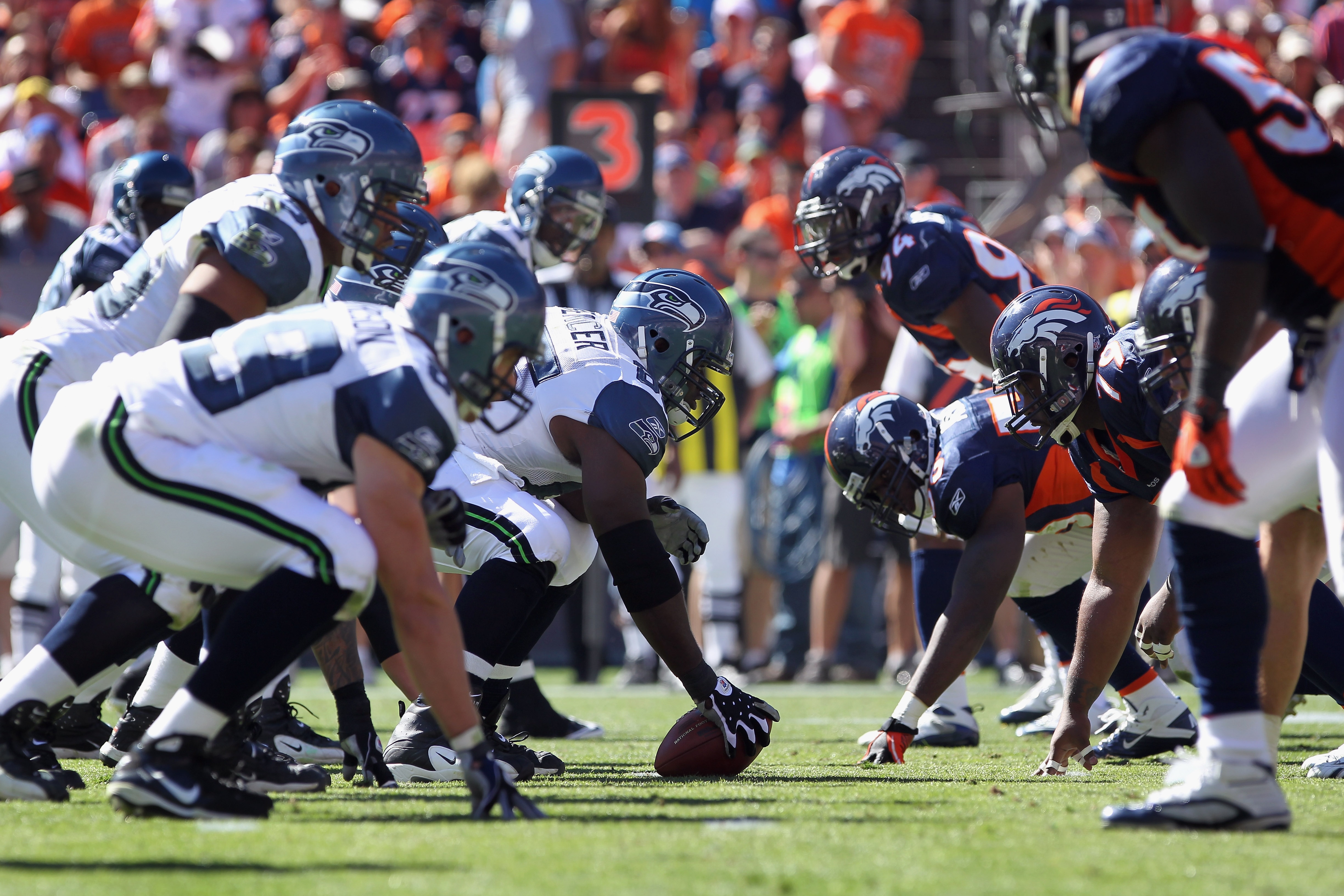 DENVER - SEPTEMBER 19:  A general view of the line of scrimmage as the Seattle Seahawks offense takes on the Denver Broncos defense at INVESCO Field at Mile High on September 19, 2010 in Denver, Colorado. The Broncos defeated the Seahawks 31-14.  (Photo b