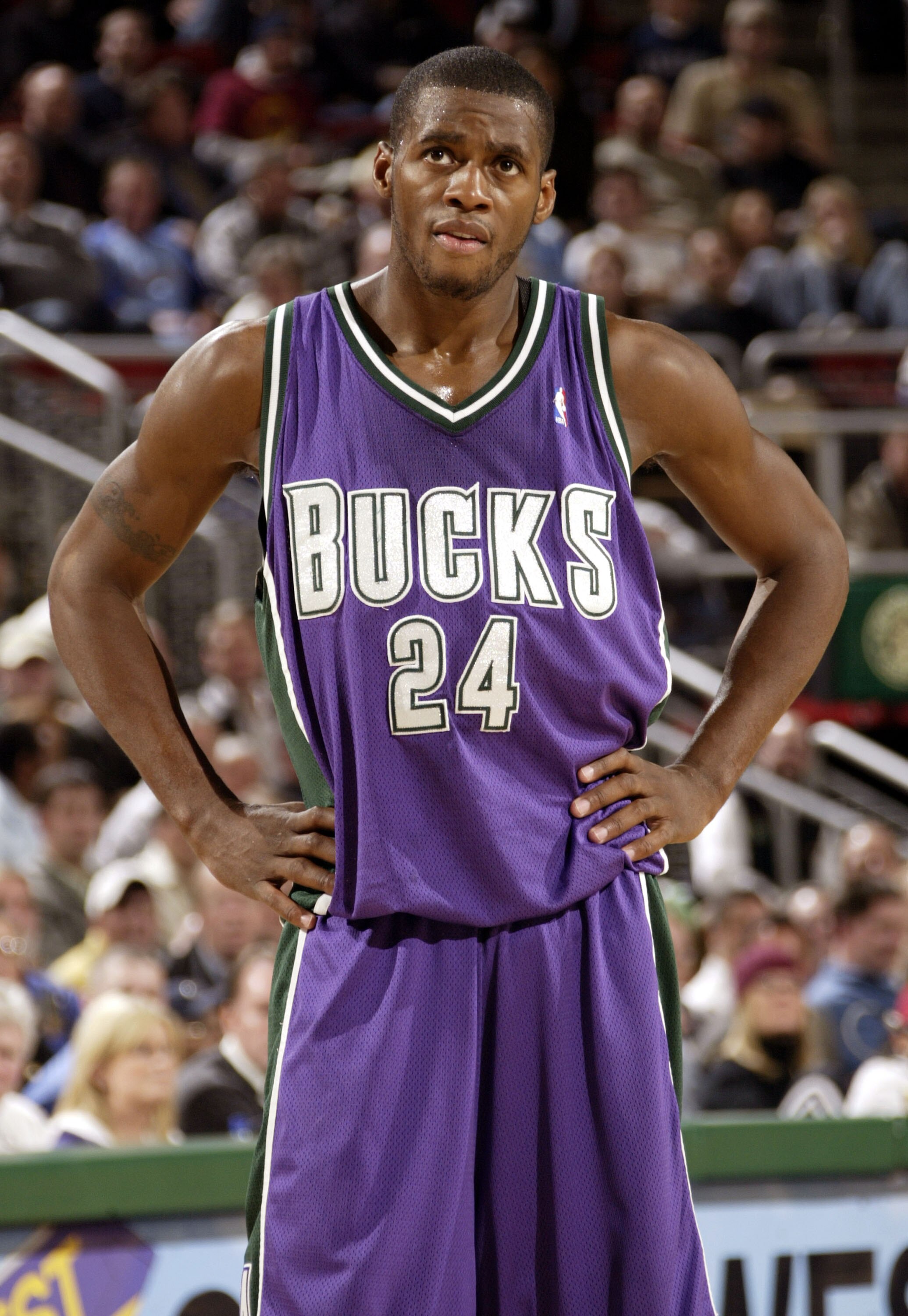 SEATTLE - MARCH 22:  Desmond Mason #24 of the Milwaukee Bucks rests during the game against the Seattle SuperSonics on March 22, 2005 at Key Arena in Seattle, Washington. The Sonics won 92-84.  NOTE TO USER: User expressly acknowledges and agrees that, by