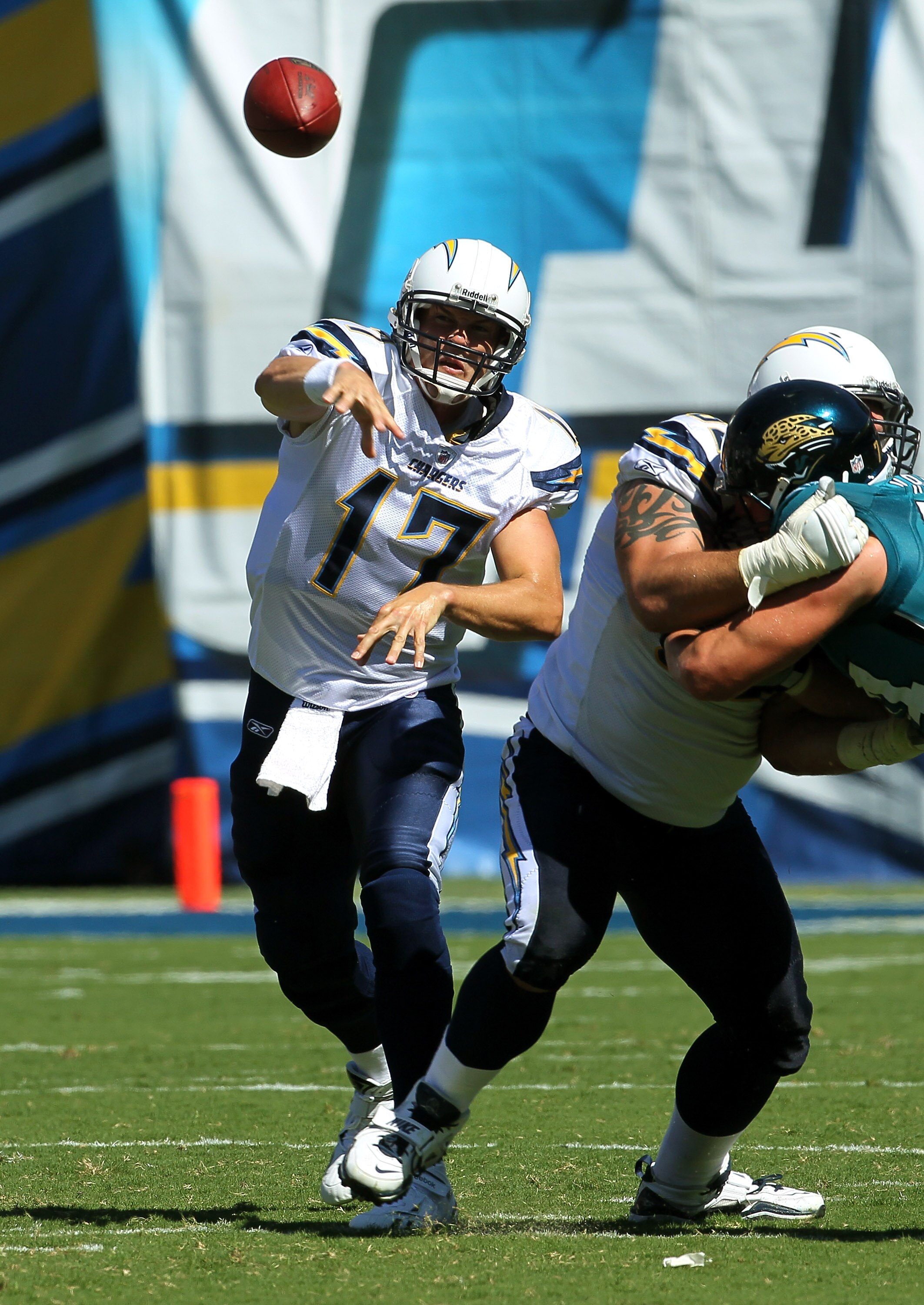 SAN DIEGO - SEPTEMBER 19: Quarterback Philip Rivers #17 of the San Diego Chargers throws a pass against the Jacksonville Jaguars at Qualcomm Stadium on September 19, 2010 in San Diego, California. (Photo by Stephen Dunn/Getty Images)