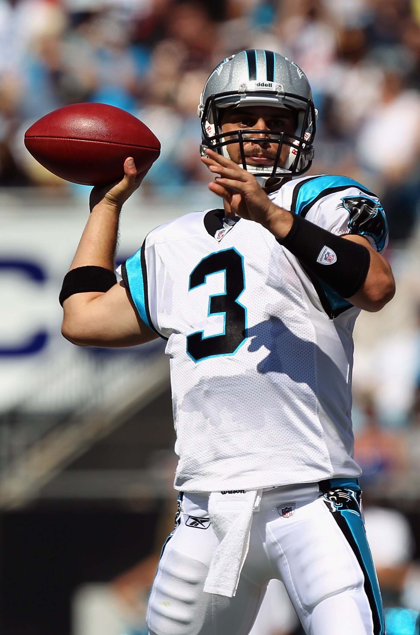 CHARLOTTE, NC - SEPTEMBER 19:  Matt Moore #3 of the Carolina Panthers drops back to throw a pass during their game against the Tampa Bay Buccaneers at Bank of America Stadium on September 19, 2010 in Charlotte, North Carolina.  (Photo by Streeter Lecka/Ge