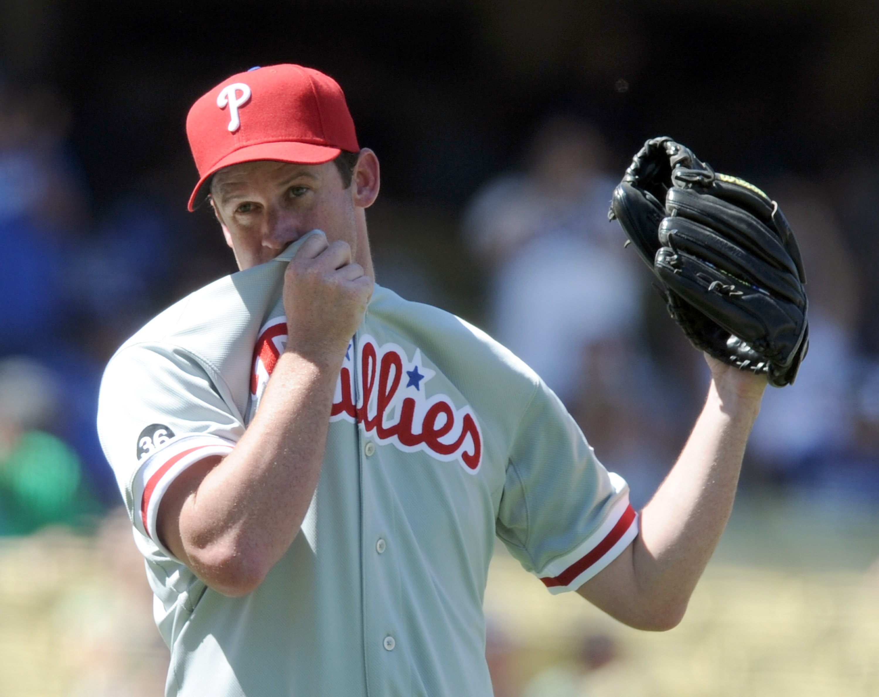 LOS ANGELES, CA - SEPTEMBER 01:  Roy Oswalt #44 of the Philadelphia Phillies reacts to a single from Casey Blake #23 of the Los Angeles Dodgers to end his attempt at a no hitter during the sixth inning at Dodger Stadium on September 1, 2010 in Los Angeles