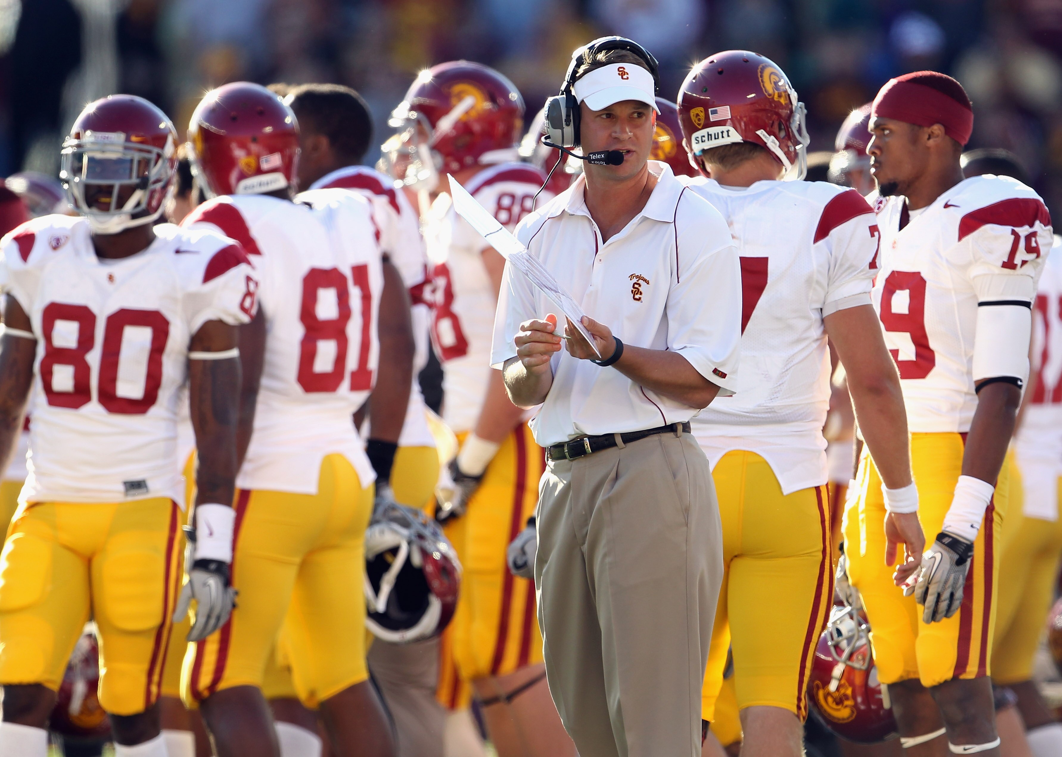 MINNEAPOLIS - SEPTEMBER 18:  Head coach Lane Kiffin of the USC Trojans looks on during a timeout in the game against the Minnesota Golden Gophers on September 18, 2010 at TCF Bank Stadium in Minneapolis, Minnesota.  (Photo by Jamie Squire/Getty Images)