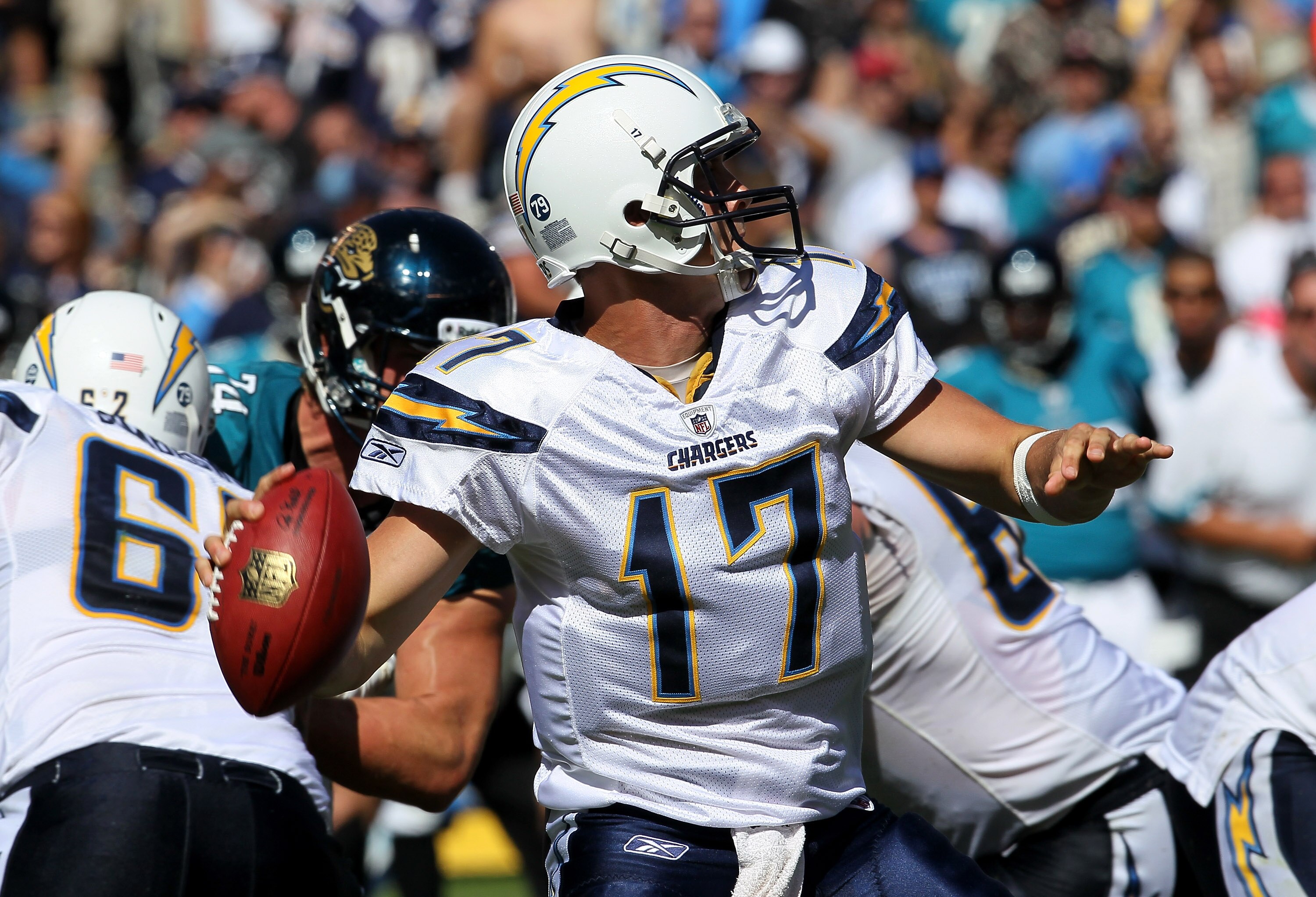 SAN DIEGO - SEPTEMBER 19:  Quarterback Philip Rivers #17 of the San Diego Chargers throws a pass against the Jacksonville Jaguars at Qualcomm Stadium on September 19, 2010 in San Diego, California. The Chargers won 38-13.  (Photo by Stephen Dunn/Getty Ima