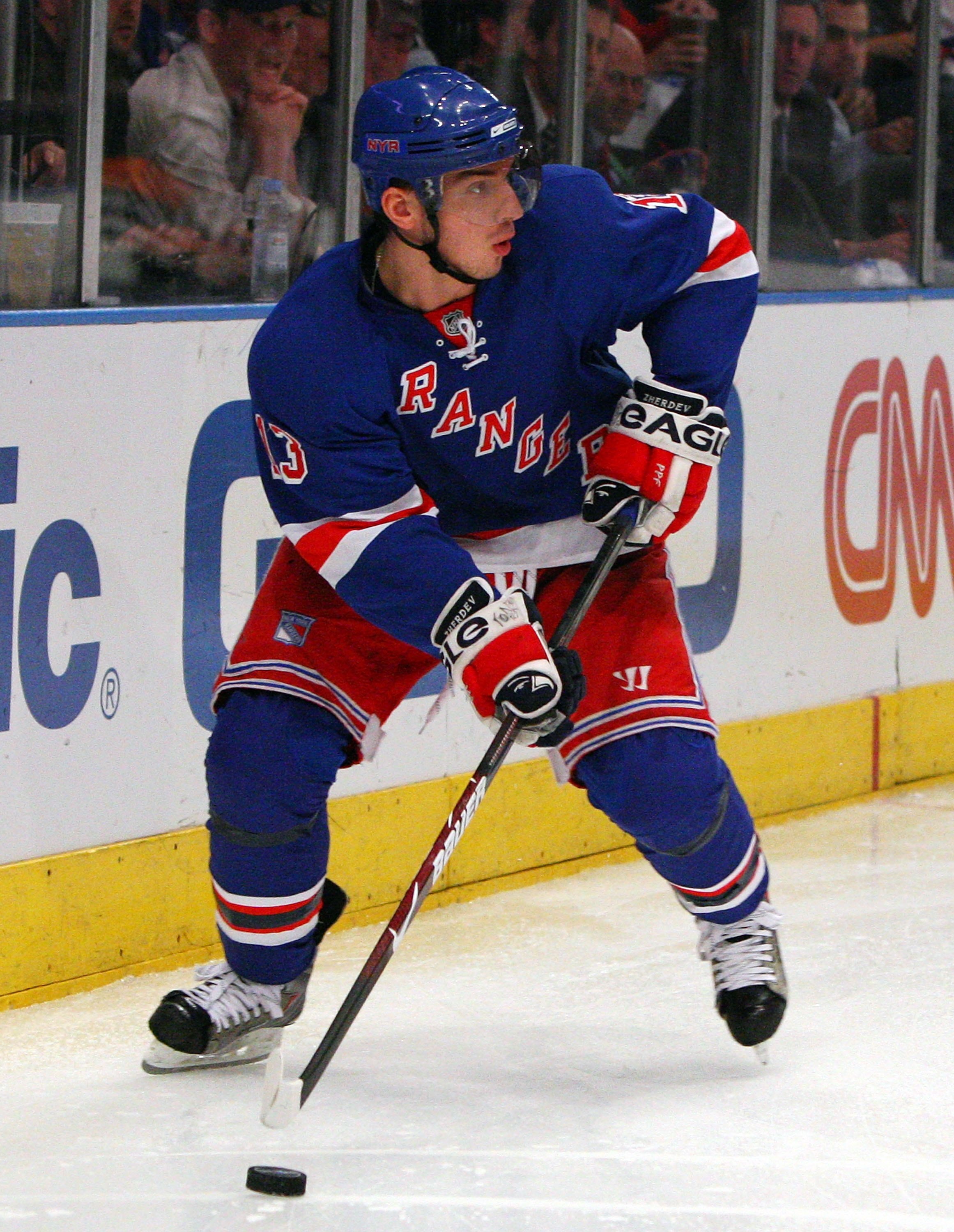NEW YORK - APRIL 22:  Nikolai Zherdev #13 of the New York Rangers skates against the Washington Capitals during Game Four of the Eastern Conference Quarterfinal Round of the 2009 NHL Stanley Cup Playoffs on April 22, 2008 at Madison Square Garden in New Y