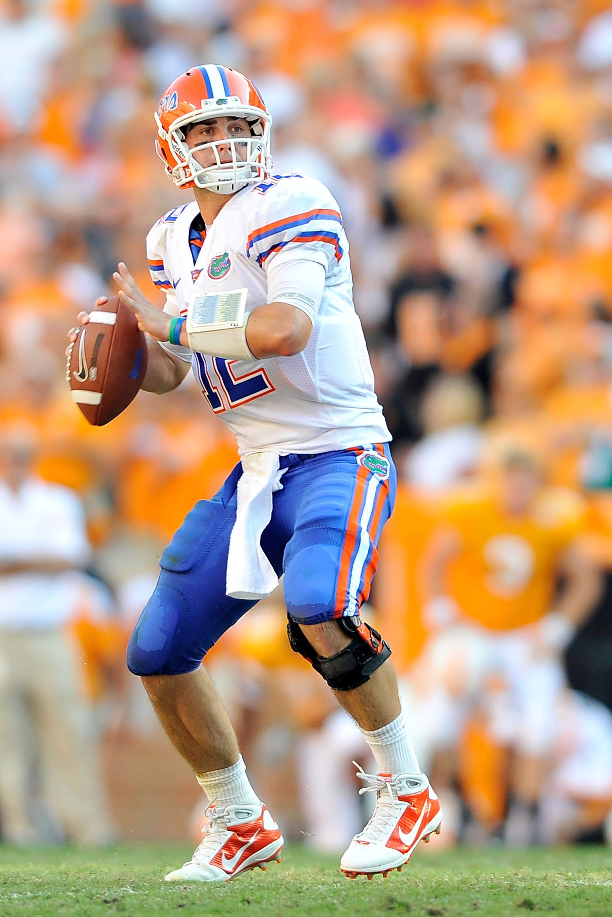 KNOXVILLE, TN - SEPTEMBER 18:  Quarterback John Brantley #12 of the Florida Gators drops back to pass against the Tennessee Volunteers at Neyland Stadium on September 18, 2010 in Knoxville, Tennessee.  (Photo by Grant Halverson/Getty Images)