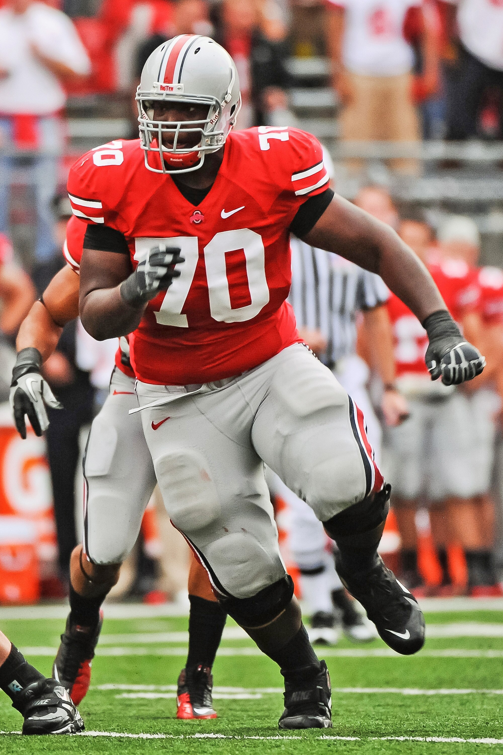 COLUMBUS, OH - SEPTEMBER 11:  Bryant Browning #70 of the Ohio State Buckeyes blocks against the Miami Hurricanes at Ohio Stadium on September 11, 2010 in Columbus, Ohio.  (Photo by Jamie Sabau/Getty Images)