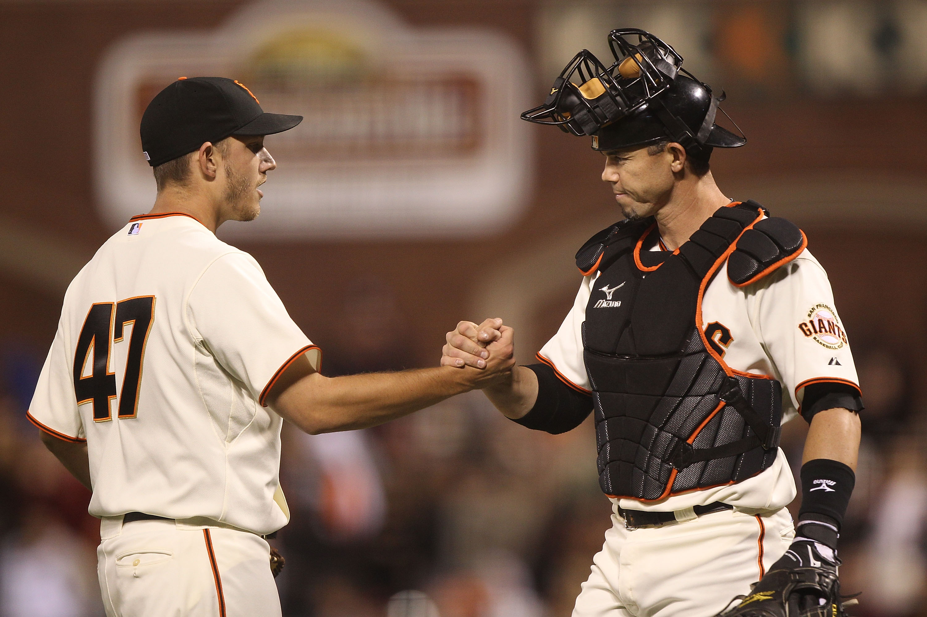SAN FRANCISCO - SEPTEMBER 16: Chris Ray #47 of the San Francisco Giants celebrates with Eli Whiteside #22 after defeating the Los Angeles Dodgers during a Major League Baseball game at AT&T Park on September 16, 2010 in San Francisco, California. (Photo b SAN FRANCISCO - SEPTEMBER 16: Chris Ray #47 of the San Francisco Giants celebrates with Eli Whiteside #22 after defeating the Los Angeles Dodgers during a Major League Baseball game at AT&T Park on September 16, 2010 in San Francisco, California. (Photo b