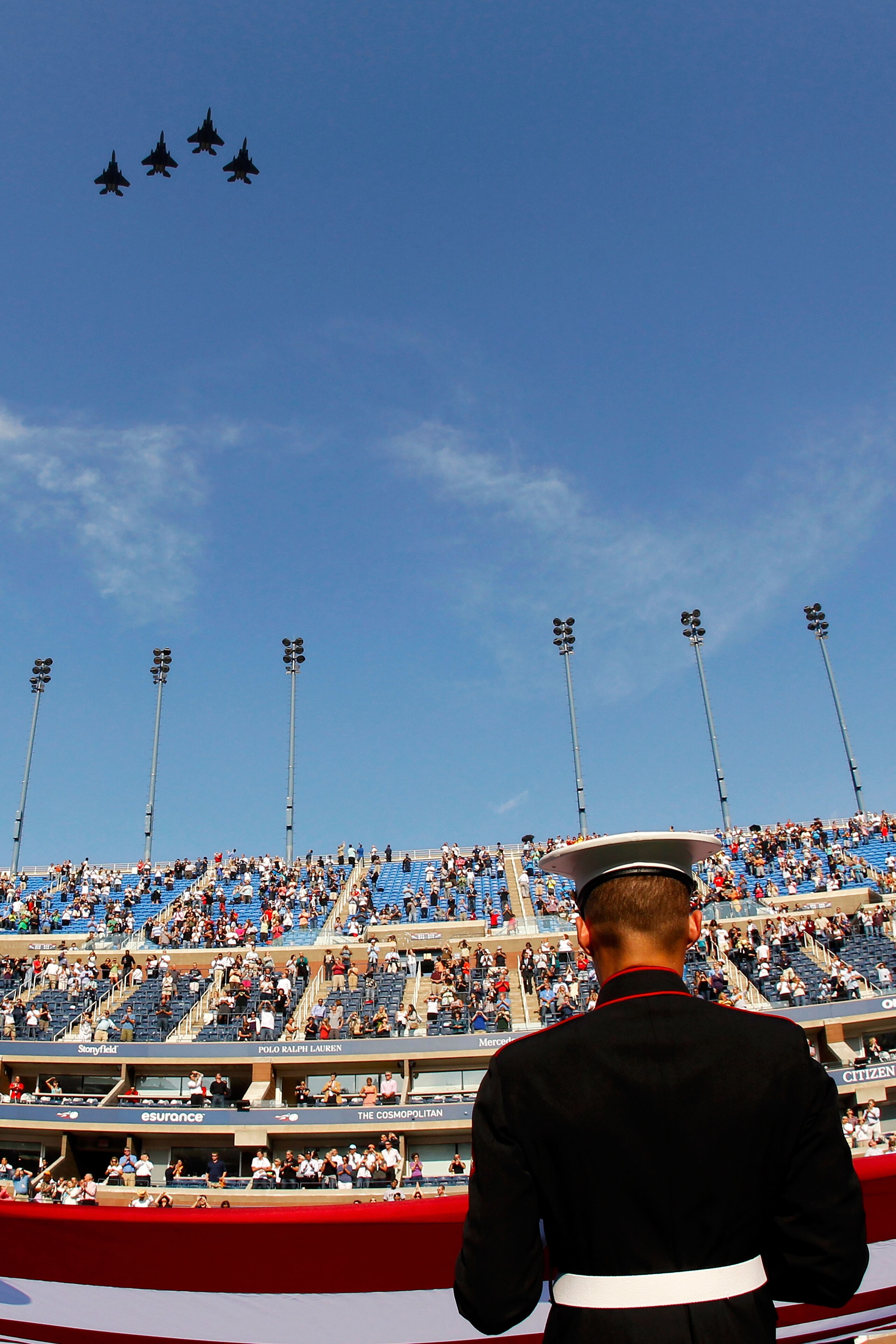 NEW YORK - SEPTEMBER 13:  A view of the military flyover is seen before the men's singles final match between Novak Djokovic of Serbia and Rafael Nadal of Spain  during day fifteen of the 2010 U.S. Open at the USTA Billie Jean King National Tennis Center