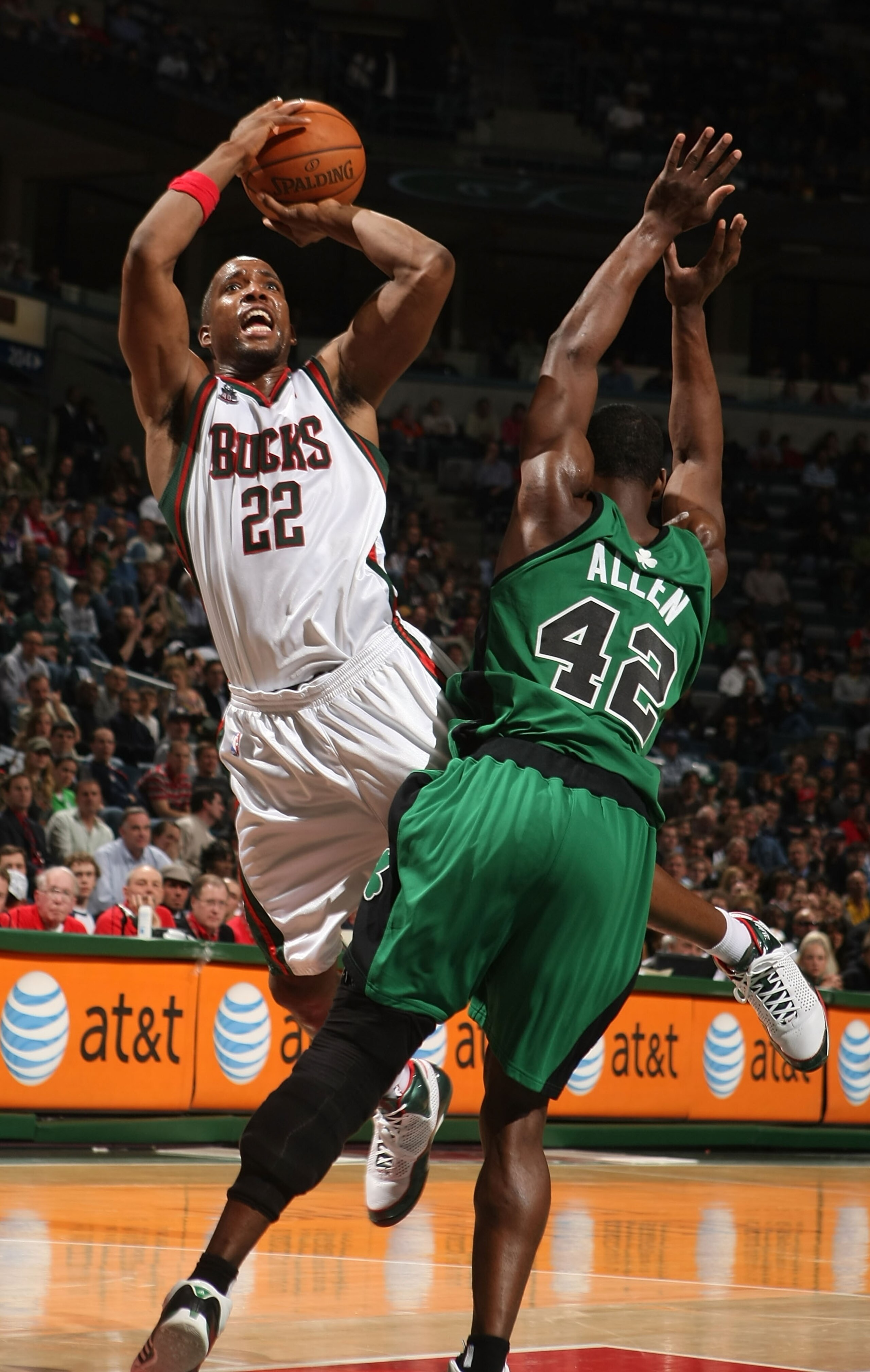 MILWAUKEE - APRIL 08: Michael Redd #22 of the Milwaukee Bucks is fouled while shooting by Tony Allen #45 of the Boston Celtics on April 8, 2008 at the Bradley Center in Milwaukee, Wisconsin. The Celtics defeated the Bucks 107-104 in overtime. NOTE TO USER MILWAUKEE - APRIL 08: Michael Redd #22 of the Milwaukee Bucks is fouled while shooting by Tony Allen #45 of the Boston Celtics on April 8, 2008 at the Bradley Center in Milwaukee, Wisconsin. The Celtics defeated the Bucks 107-104 in overtime. NOTE TO USER