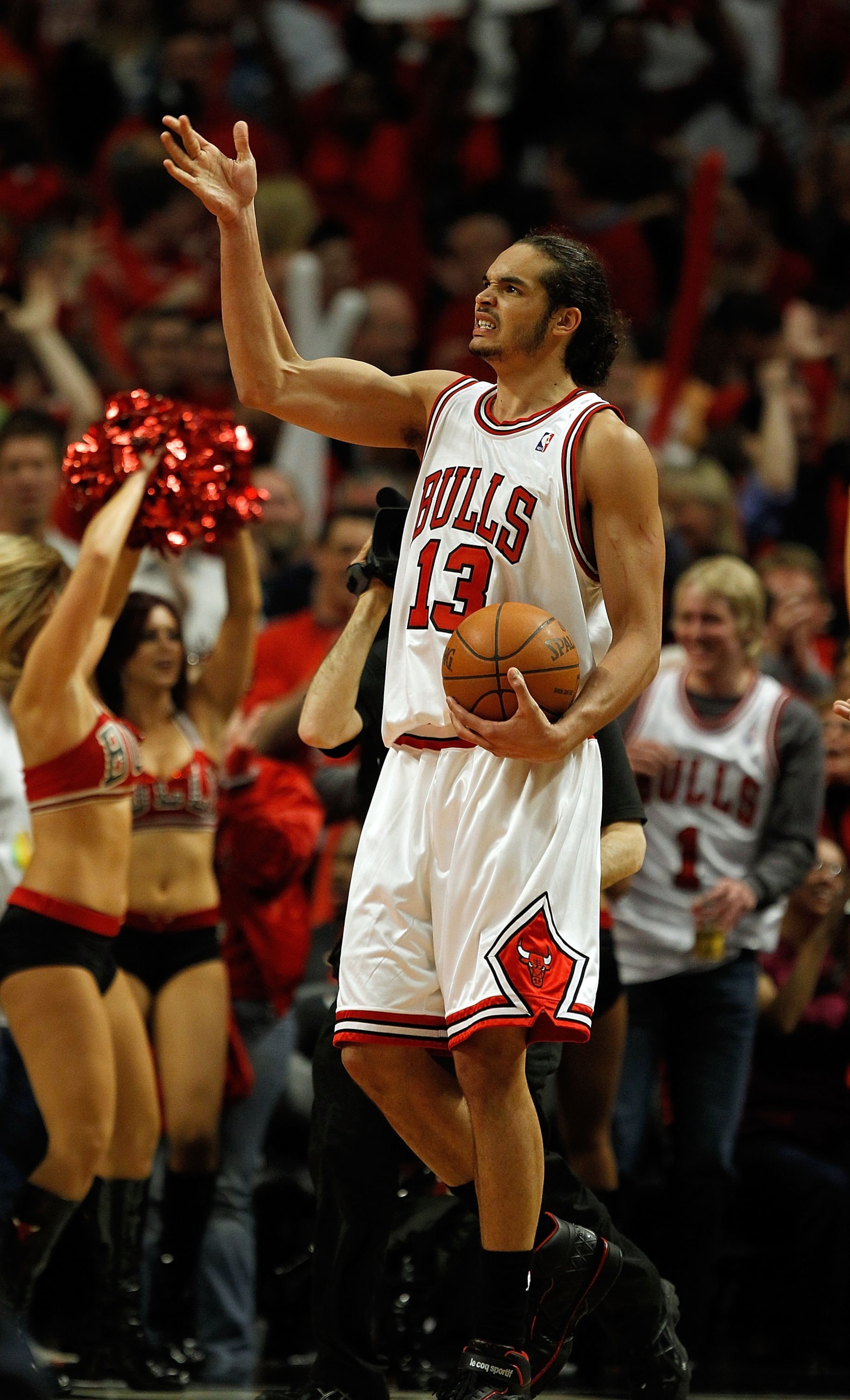 CHICAGO - APRIL 22: Joakim Noah #13 of the Chicago Bulls celebrates a win over the Cleveland Cavaliers in Game Three of the Eastern Conference Quarterfinals during the 2010 NBA Playoffs at the United Center on April 22, 2010 in Chicago, Illinois. The Bull CHICAGO - APRIL 22: Joakim Noah #13 of the Chicago Bulls celebrates a win over the Cleveland Cavaliers in Game Three of the Eastern Conference Quarterfinals during the 2010 NBA Playoffs at the United Center on April 22, 2010 in Chicago, Illinois. The Bull