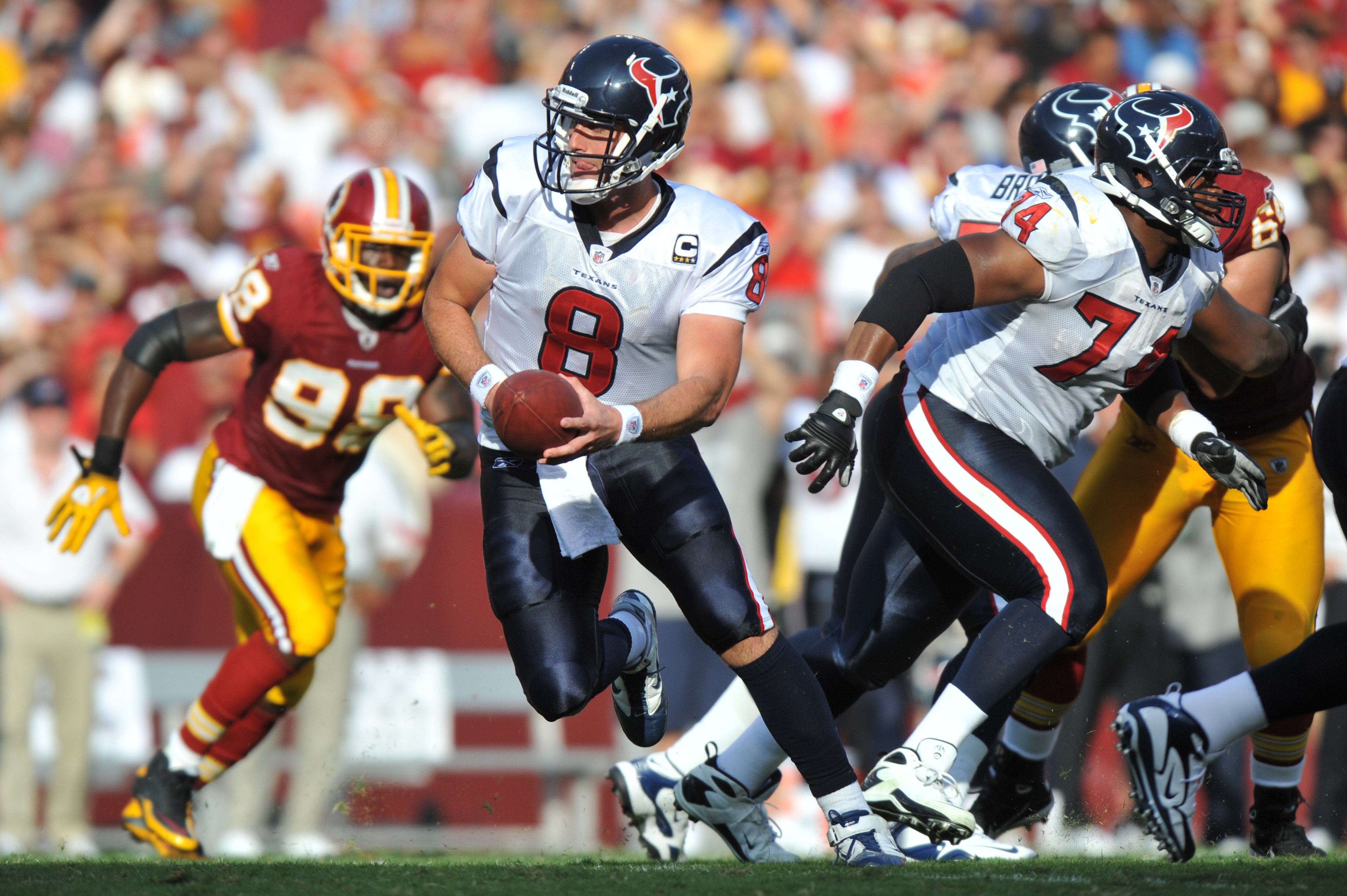 LANDOVER - SEPTEMBER 19:  Matt Schaub #8 of the Houston Texans hands off during the game against the Washington Redskins at FedExField on September 19, 2010 in Landover, Maryland. The Texans defeated the Redskins 30-27 in overtime. (Photo by Larry French/