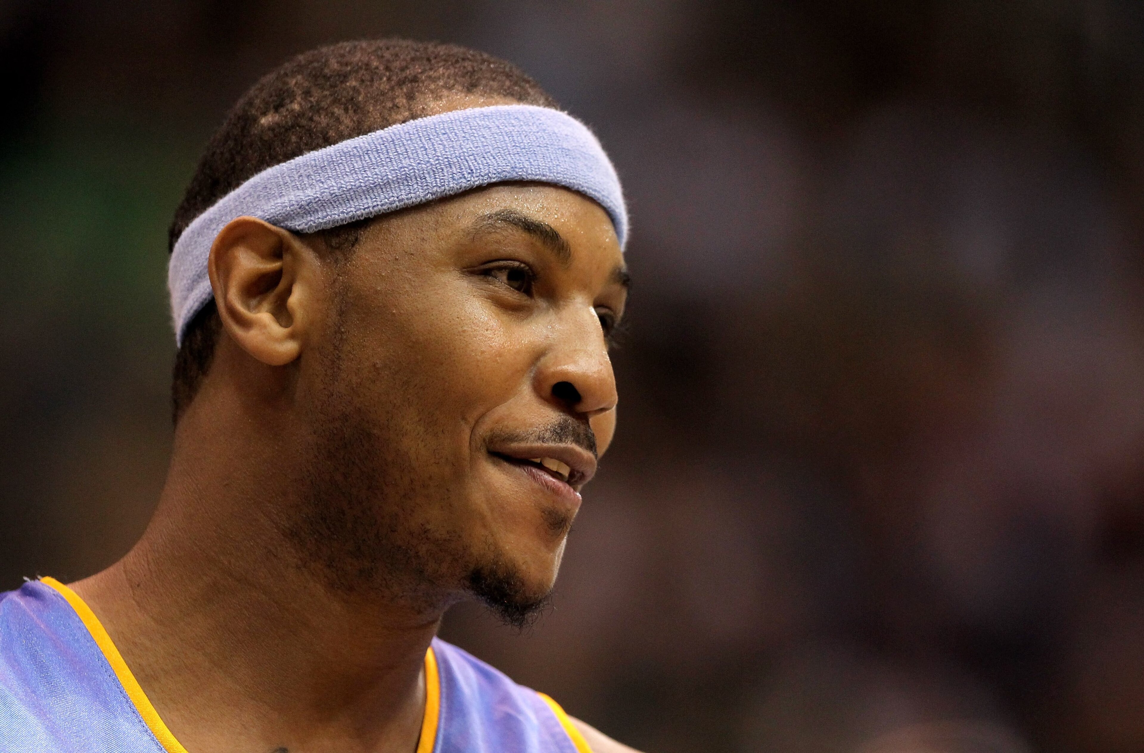 SALT LAKE CITY - APRIL 30:  Carmelo Anthony #15 of the Denver Nuggets stands on the court during their game against the Utah Jazz in Game Six of the Western Conference Quarterfinals of the 2010 NBA Playoffs at EnergySolutions Arena on April 30, 2010 in Sa