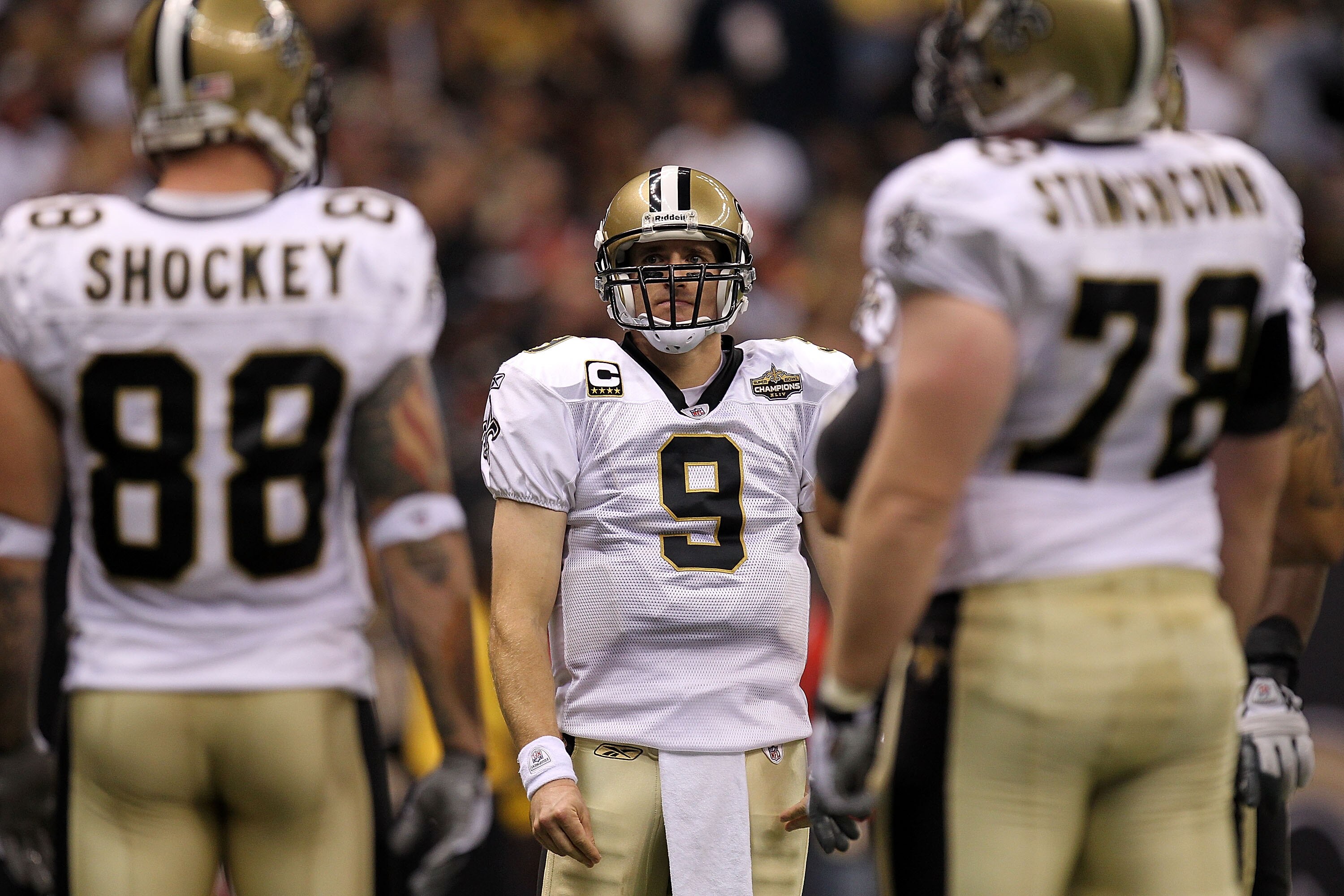 NEW ORLEANS - SEPTEMBER 09:  Quarterback Drew Brees #9 of the New Orleans Saints at Louisiana Superdome on September 9, 2010 in New Orleans, Louisiana.  (Photo by Ronald Martinez/Getty Images)