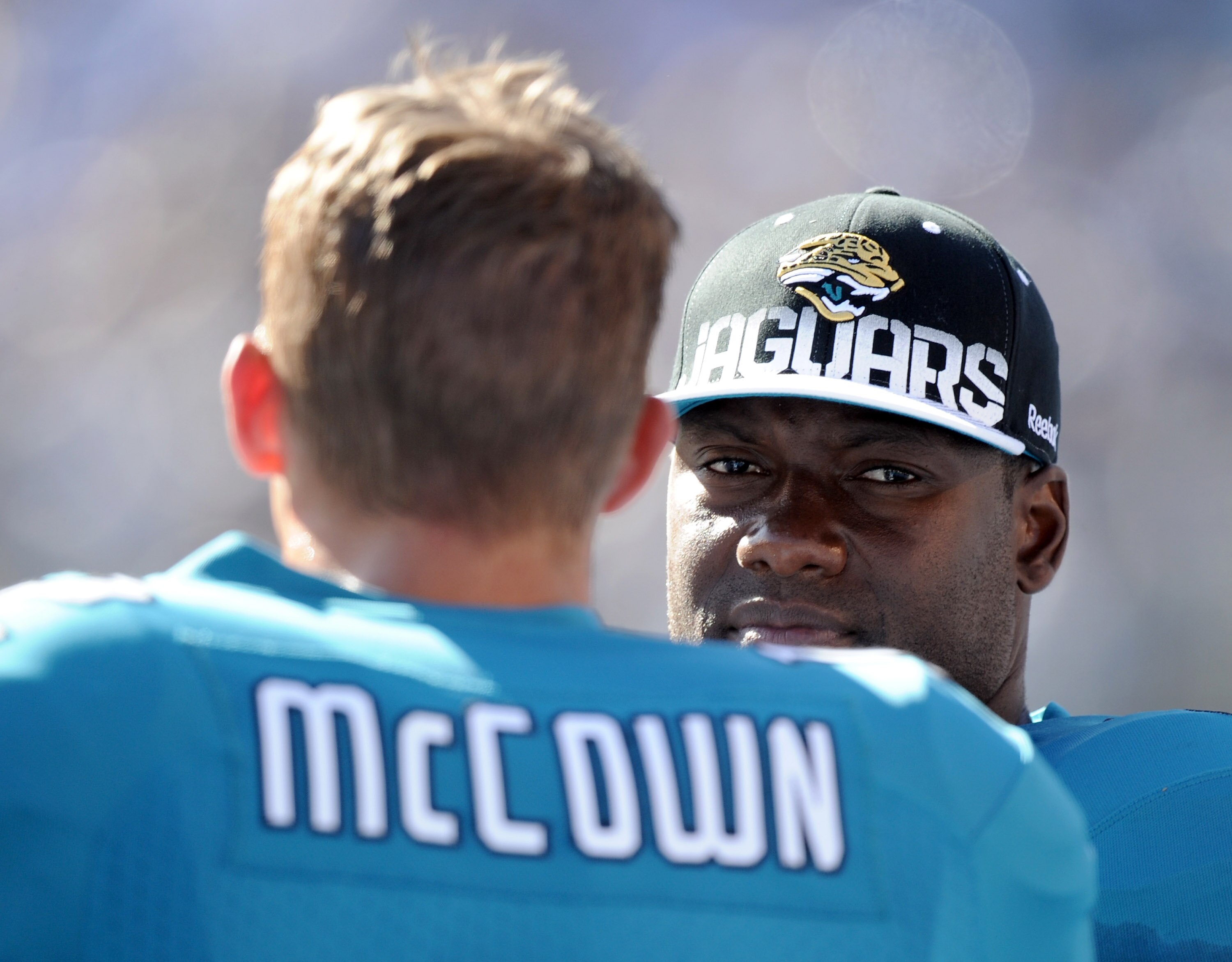 SAN DIEGO - SEPTEMBER 19:  Quarterbacks David Garrard #9 and Luke McCown #12 of the Jacksonville Jaguars talk on the sidelines during a 38-13 loss to the San Diego Chargers at Qualcomm Stadium on September 19, 2010 in San Diego, California.  (Photo by Har