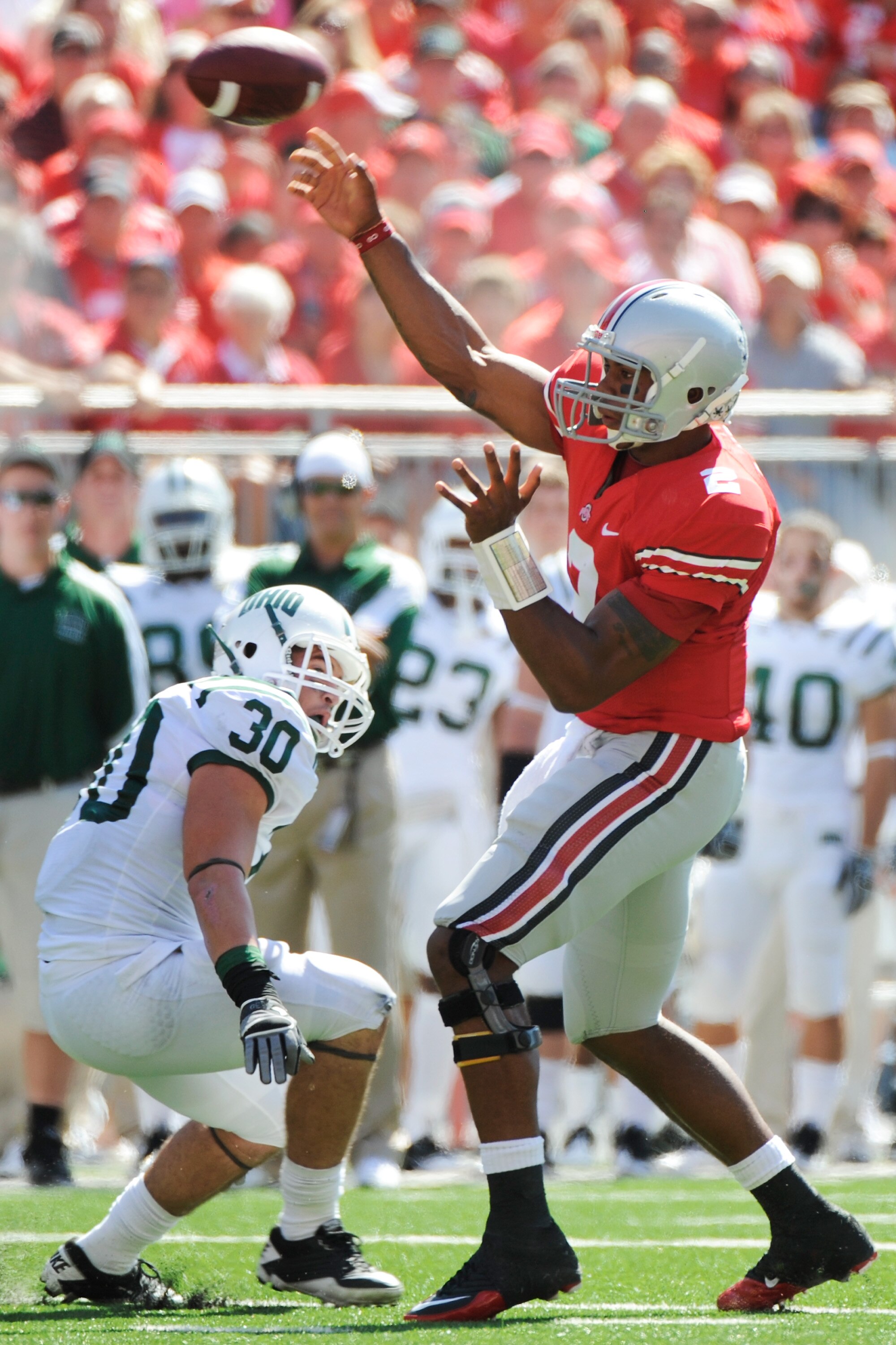 COLUMBUS, OH - SEPTEMBER 18:  Terrelle Pryor #2 of the Ohio State Buckeyes throws a pass against the Ohio Bobcats at Ohio Stadium on September 18, 2010 in Columbus, Ohio. Pryor threw two touchdown passes and ran for one touchdown in the Buckeyes' 43-7 win