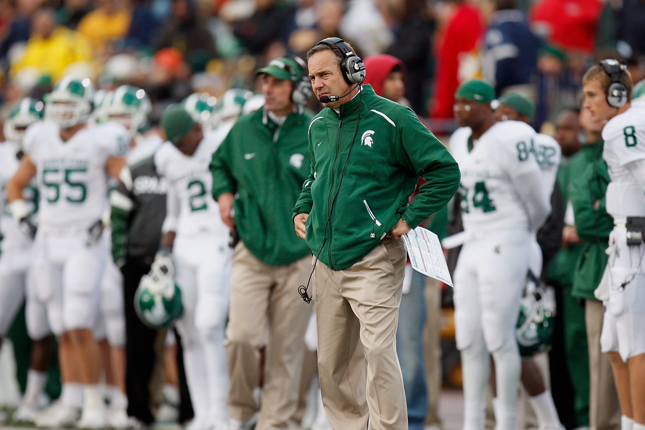 ANN ARBOR, MI - OCTOBER 25:  Head Coach Mark Dantonio of the Michigan State Spartans watches from the sidelines during the game against the Michigan Wolverines on October 25, 2008 at Michigan Stadium in Ann Arbor, Michigan. Michigan State won the game 35-