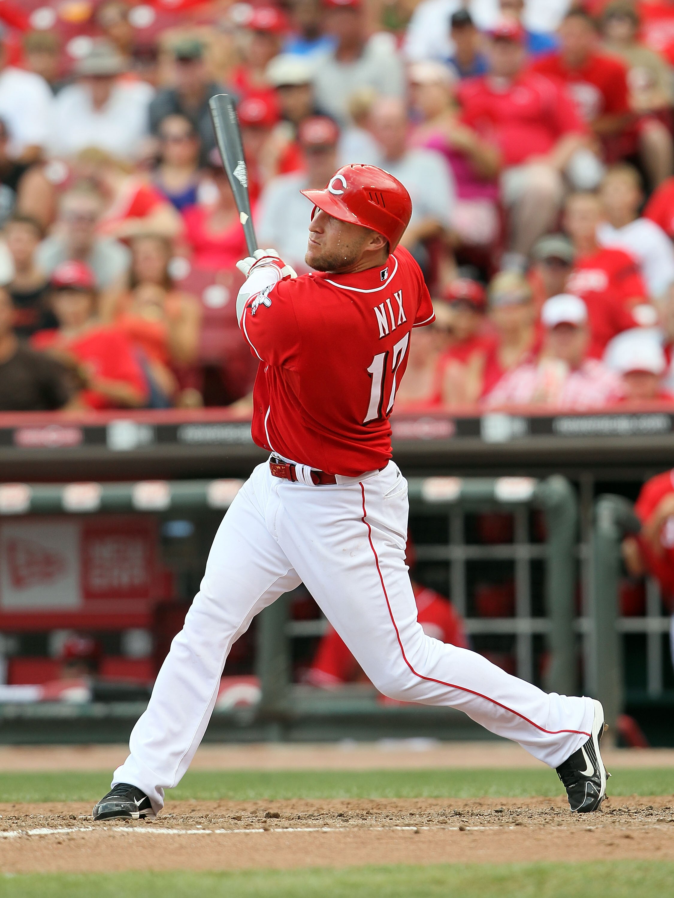 CINCINNATI - JULY 18:  Lance Nix #17 of the Cincinnati Reds is pictured during the game against the Colorado Rockies at Great American Ball Park on July 18, 2010 in Cincinnati, Ohio.  (Photo by Andy Lyons/Getty Images)