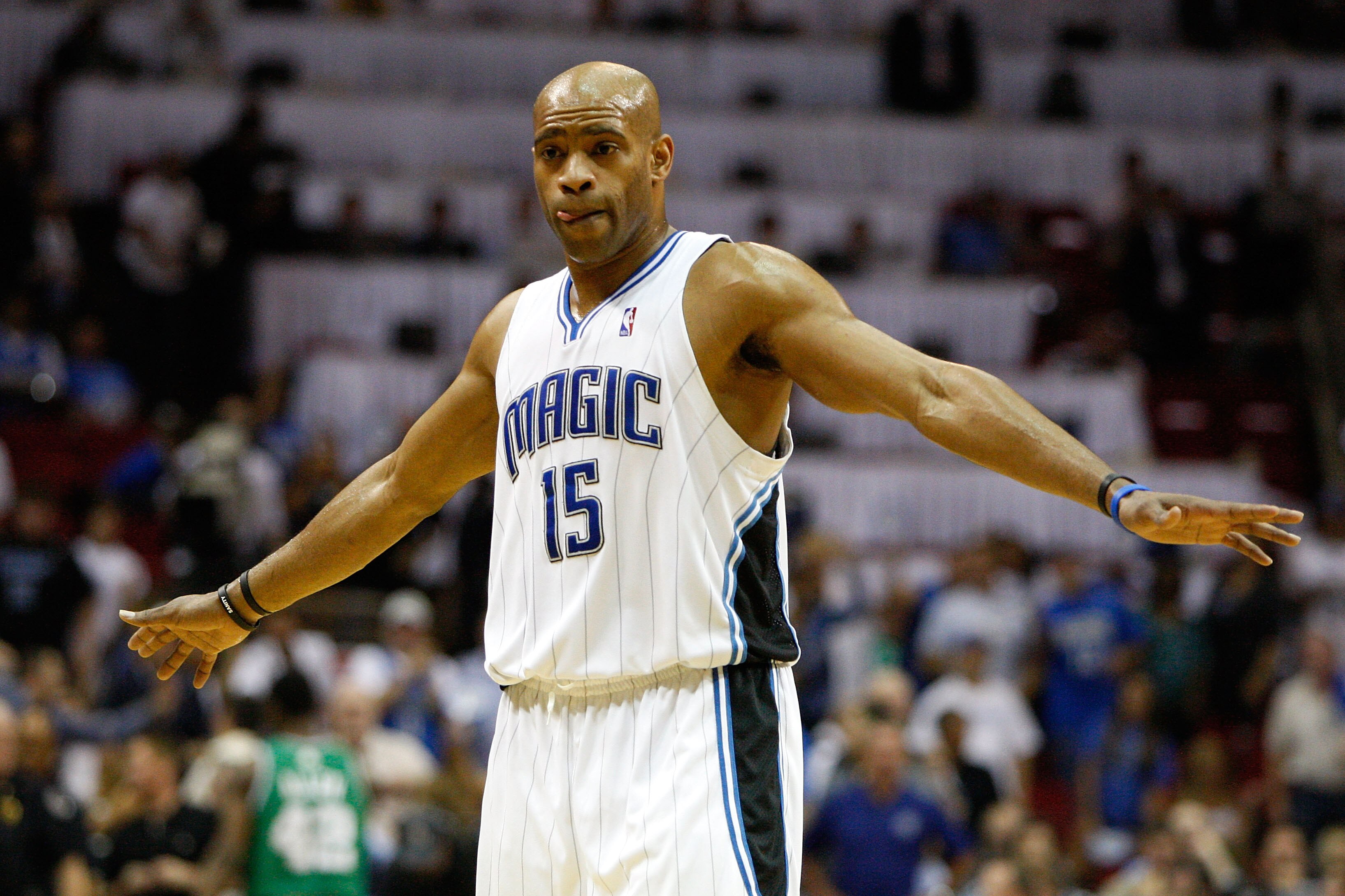 ORLANDO, FL - MAY 26:  Vince Carter #15 of the Orlando Magic looks on against the Boston Celtics in Game Five of the Eastern Conference Finals during the 2010 NBA Playoffs at Amway Arena on May 26, 2010 in Orlando, Florida.  NOTE TO USER: User expressly a