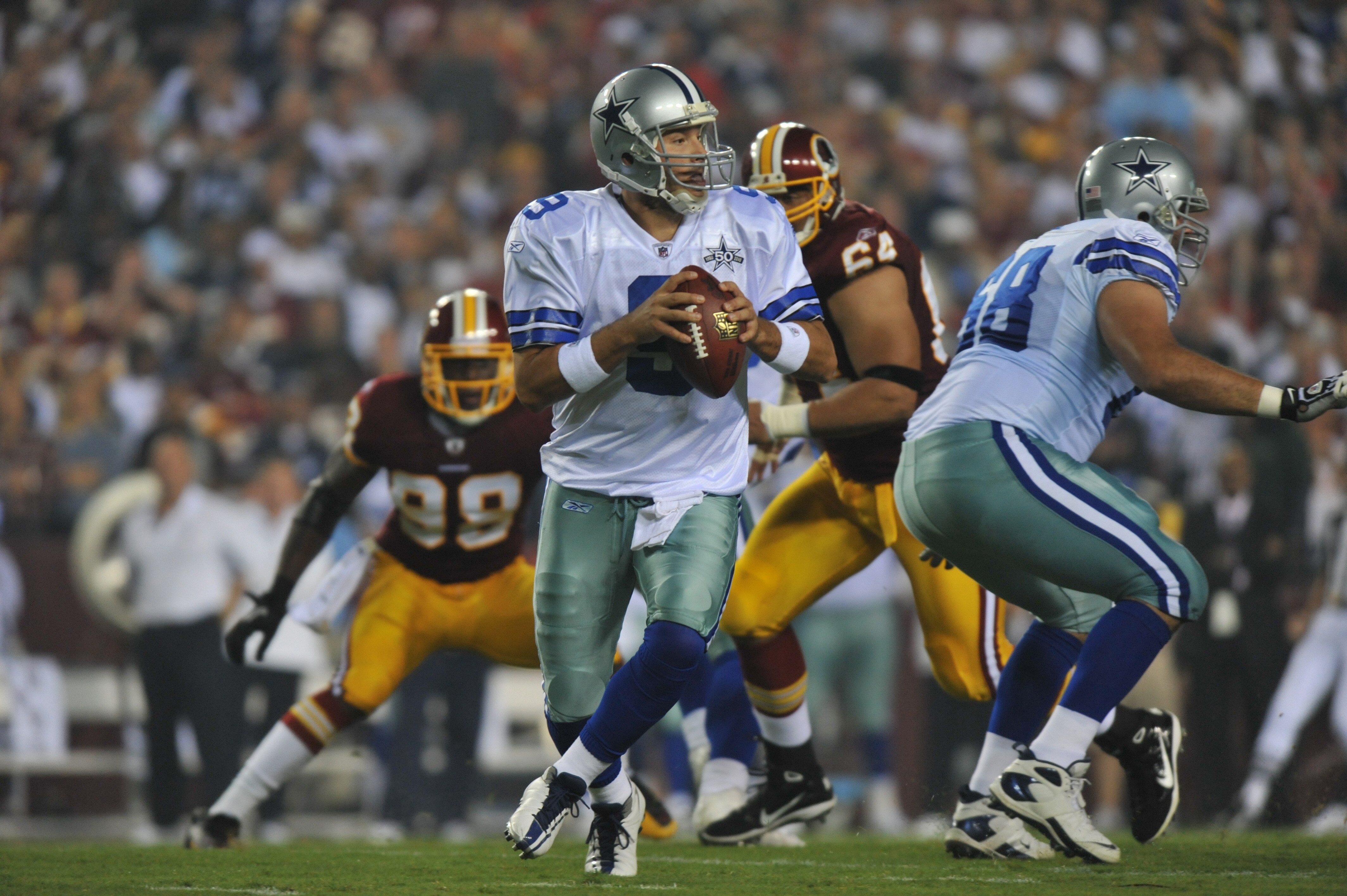 LANDOVER - SEPTEMBER 12:  Tony Romo #9 of the Dallas Cowboys passes during the NFL season opener against the Washington Redskins at FedExField on September 12, 2010 in Landover, Maryland. The Redskins defeated the Cowboys 13-7. (Photo by Larry French/Gett