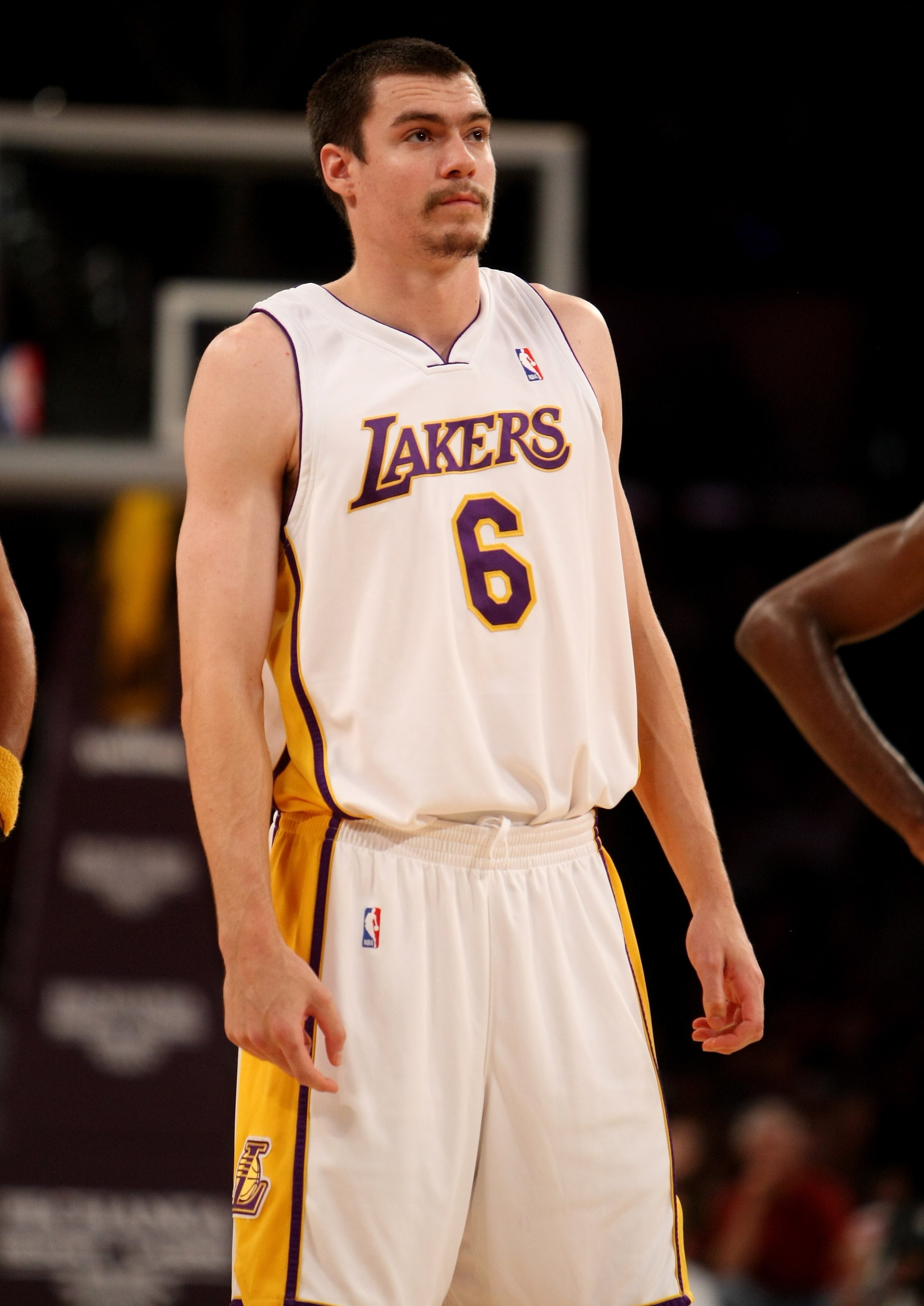 LOS ANGELES - NOVEMBER 8:  Adam Morrison #6 of the Los Angeles Lakers on the court in the game with the New Orleans Hornets on November 8, 2009 at Staples Center in Los Angeles, California. The Lakers won 104-88.  NOTE TO USER: User expressly acknowledges