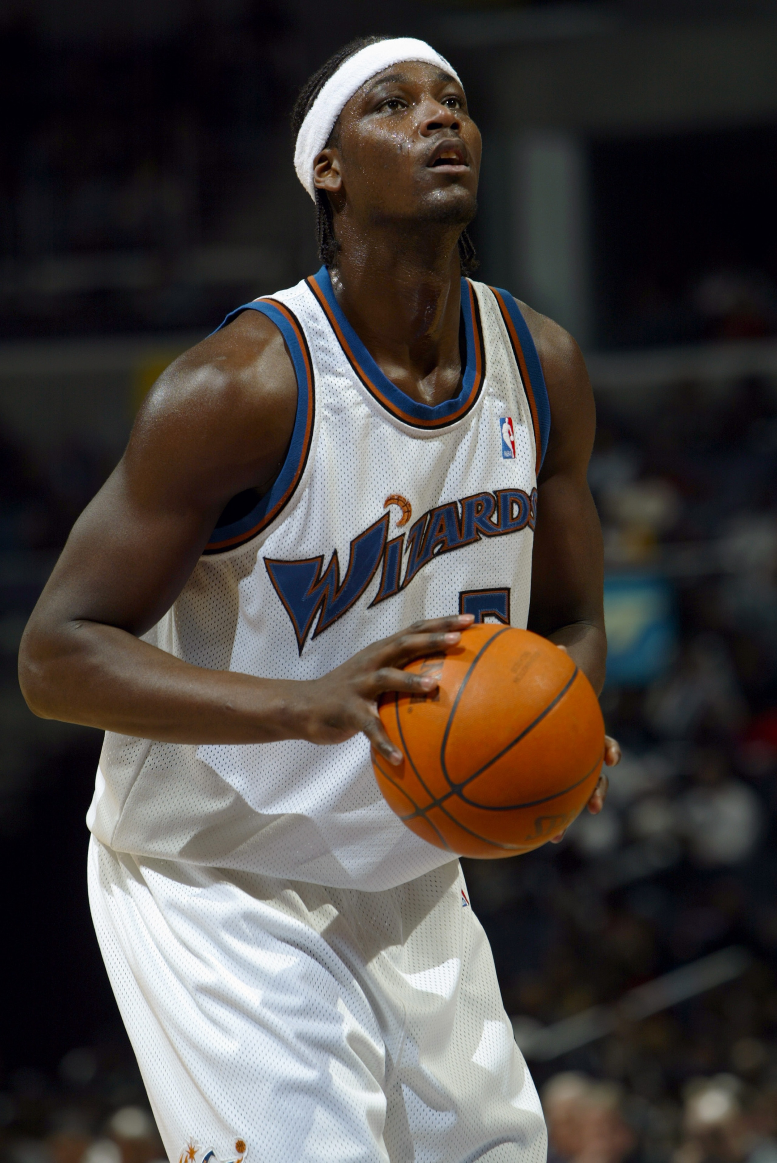 WASHINGTON - DECEMBER 26:  Kwame Brown #5 of the Washington Wizards shoots a free throw during the game against the Miami Heat at the MCI Center on December 26, 2003 in Washington, DC.  The Heat won 92-84.  NOTE TO USER: User expressly acknowledges and ag