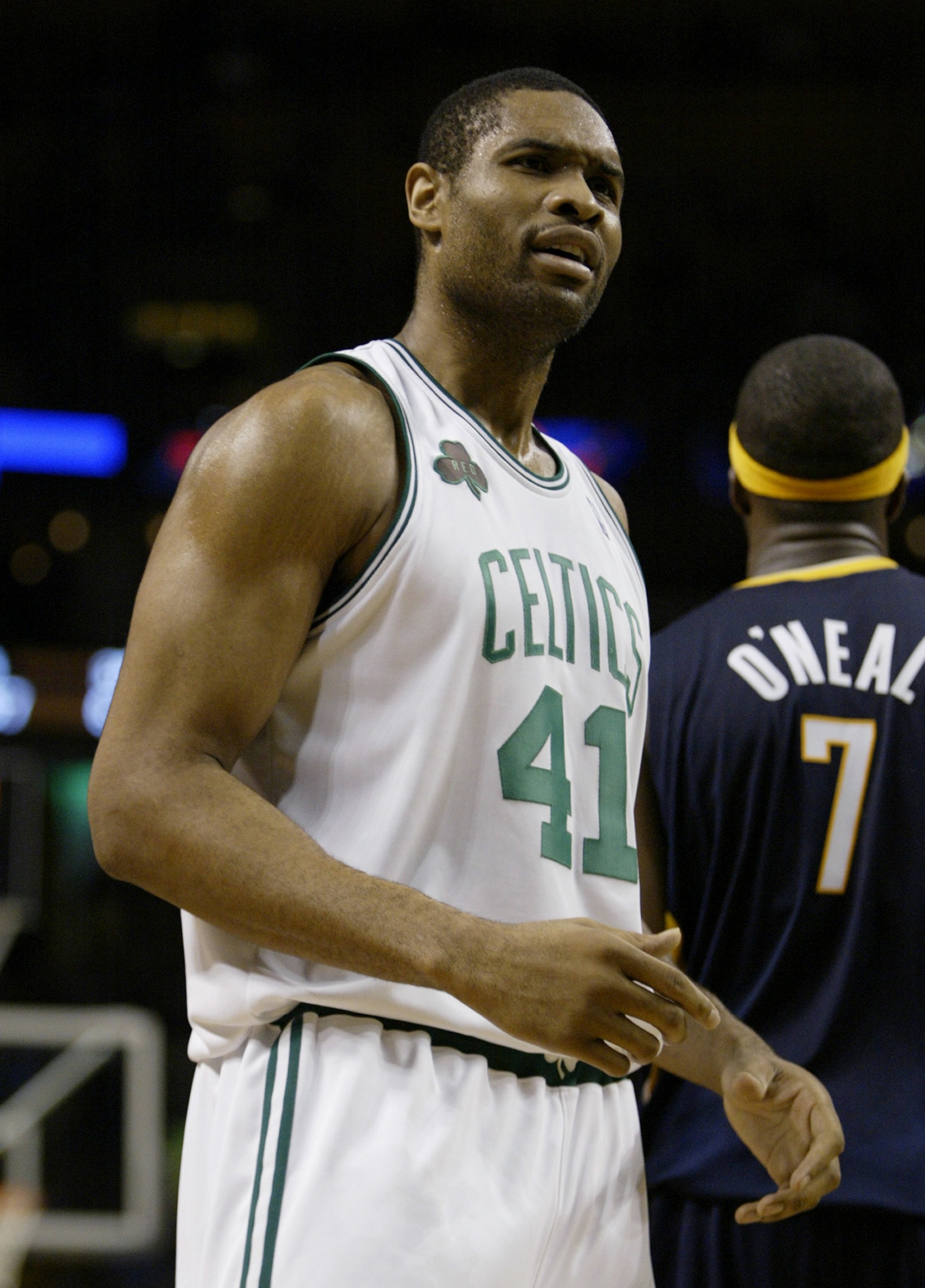 BOSTON - NOVEMBER 15:  Michael Olowokandi #41 of the Boston Celtics looks on against the Indiana Pacers on November 15, 2006 at the TD Banknorth Garden in Boston, Massachusetts. The Celtics defeated the Pacers 114-88. NOTE TO USER: User expressly acknowle