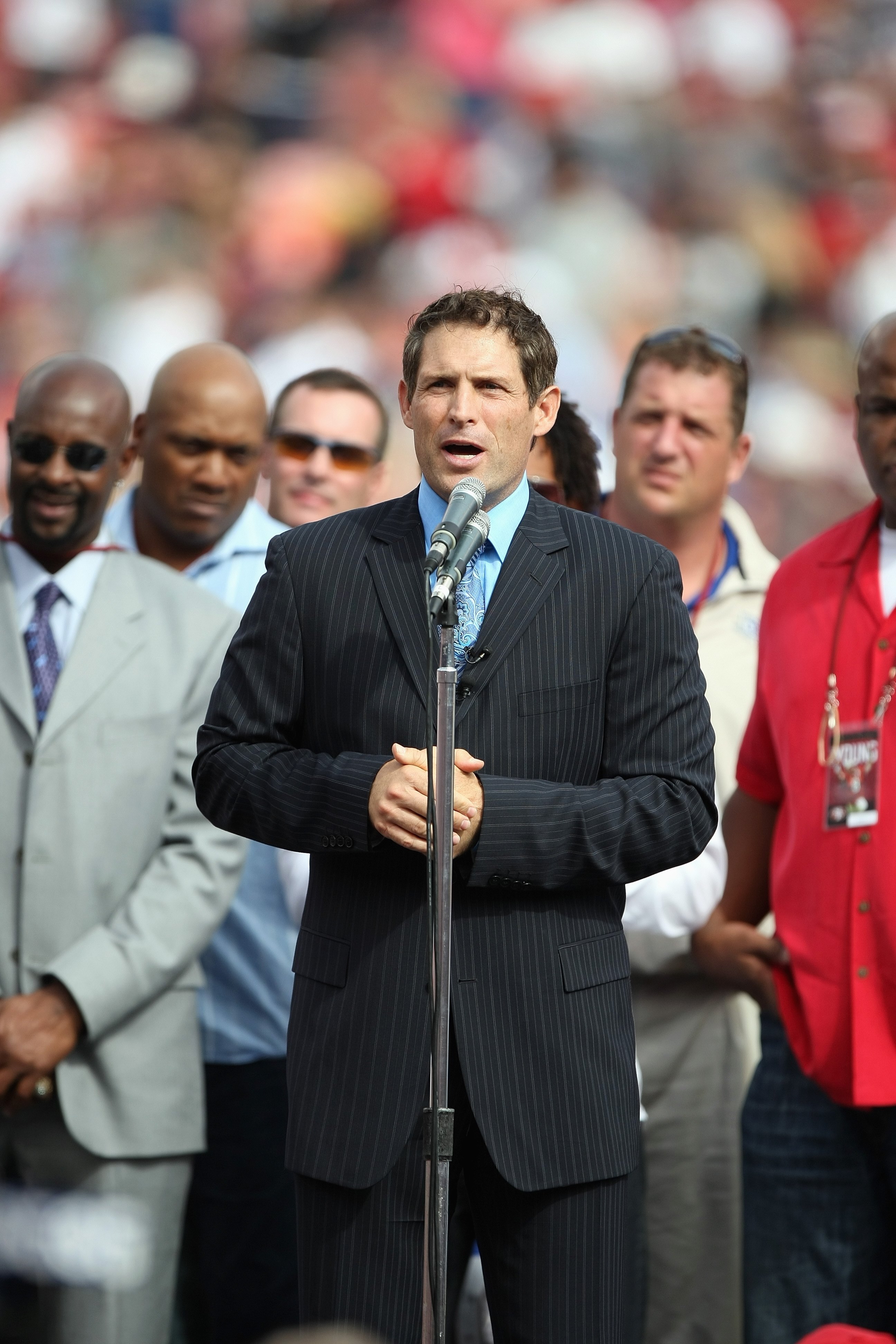 SAN FRANCISCO - OCTOBER 5: Former San Francisco 49ers quarterback Steve Young speaks during a ceremony to retire his number at halftime of the New England Patriots and the San Francisco 49ers NFL game on October 5, 2008 at Candlestick Park in San Francisc SAN FRANCISCO - OCTOBER 5: Former San Francisco 49ers quarterback Steve Young speaks during a ceremony to retire his number at halftime of the New England Patriots and the San Francisco 49ers NFL game on October 5, 2008 at Candlestick Park in San Francisc