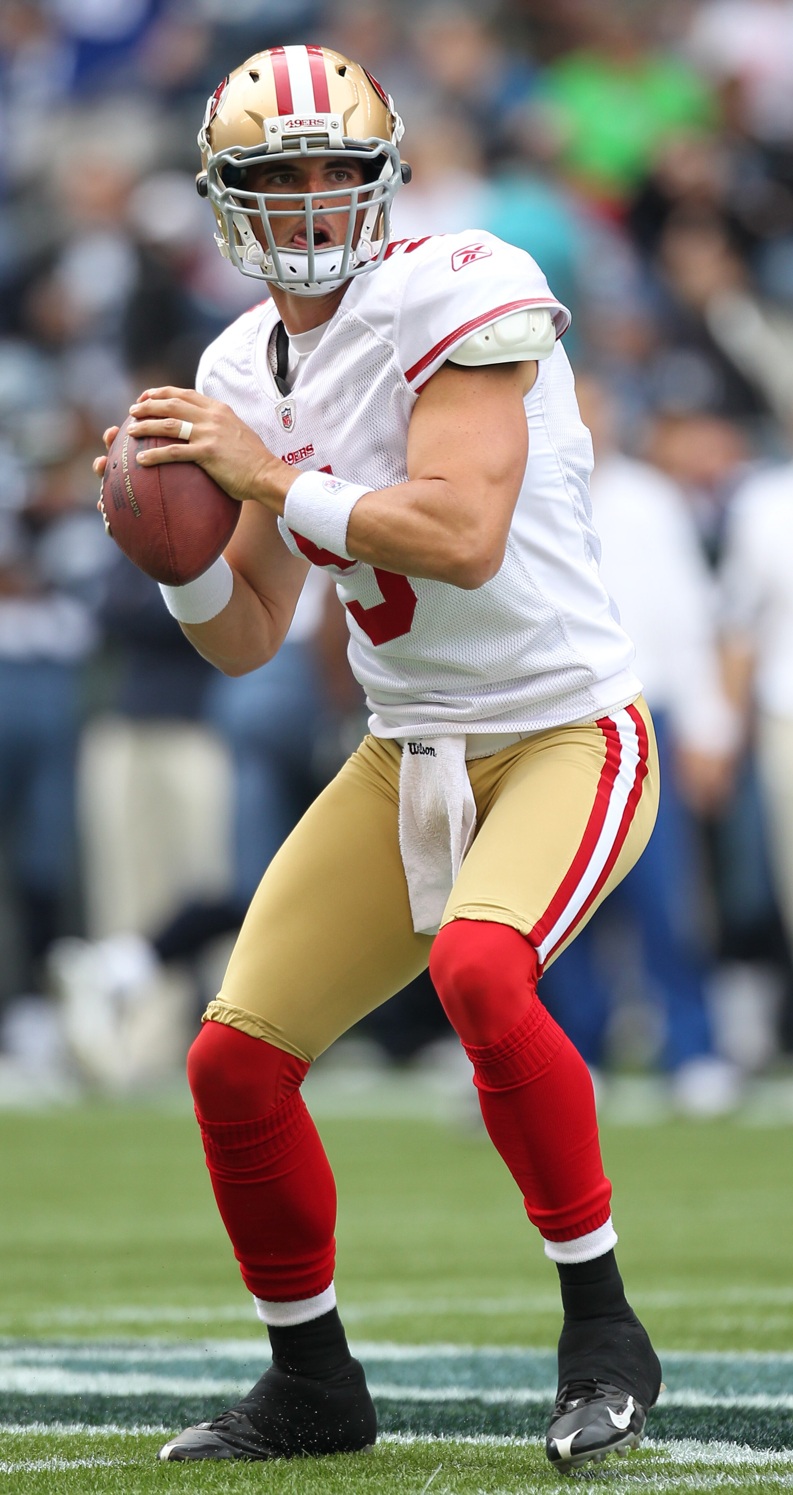 SEATTLE - SEPTEMBER 12:  Quarterback David Carr #5 of the San Francisco 49ers warms up prior to the NFL season opener against the Seattle Seahawks at Qwest Field on September 12, 2010 in Seattle, Washington. (Photo by Otto Greule Jr/Getty Images)