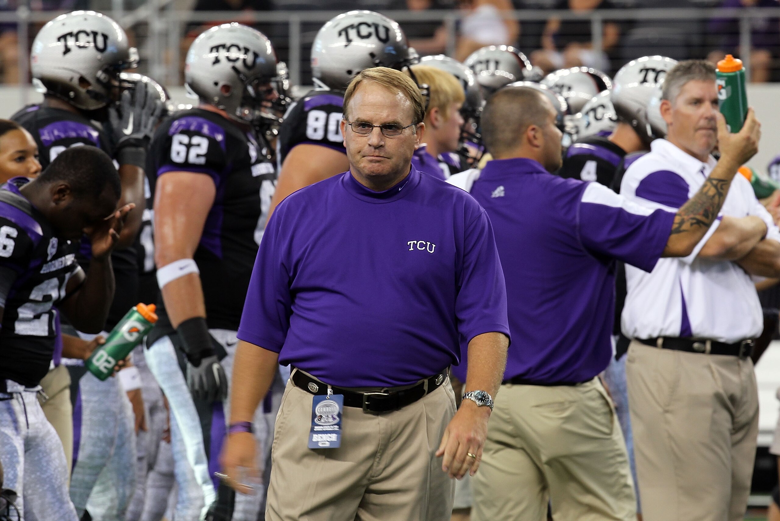 ARLINGTON, TX - SEPTEMBER 04:  Head coach Gary Patterson of the TCU Horned Frogs walks on the field before a game against the Oregon State Beavers at Cowboys Stadium on September 4, 2010 in Arlington, Texas.  (Photo by Ronald Martinez/Getty Images)