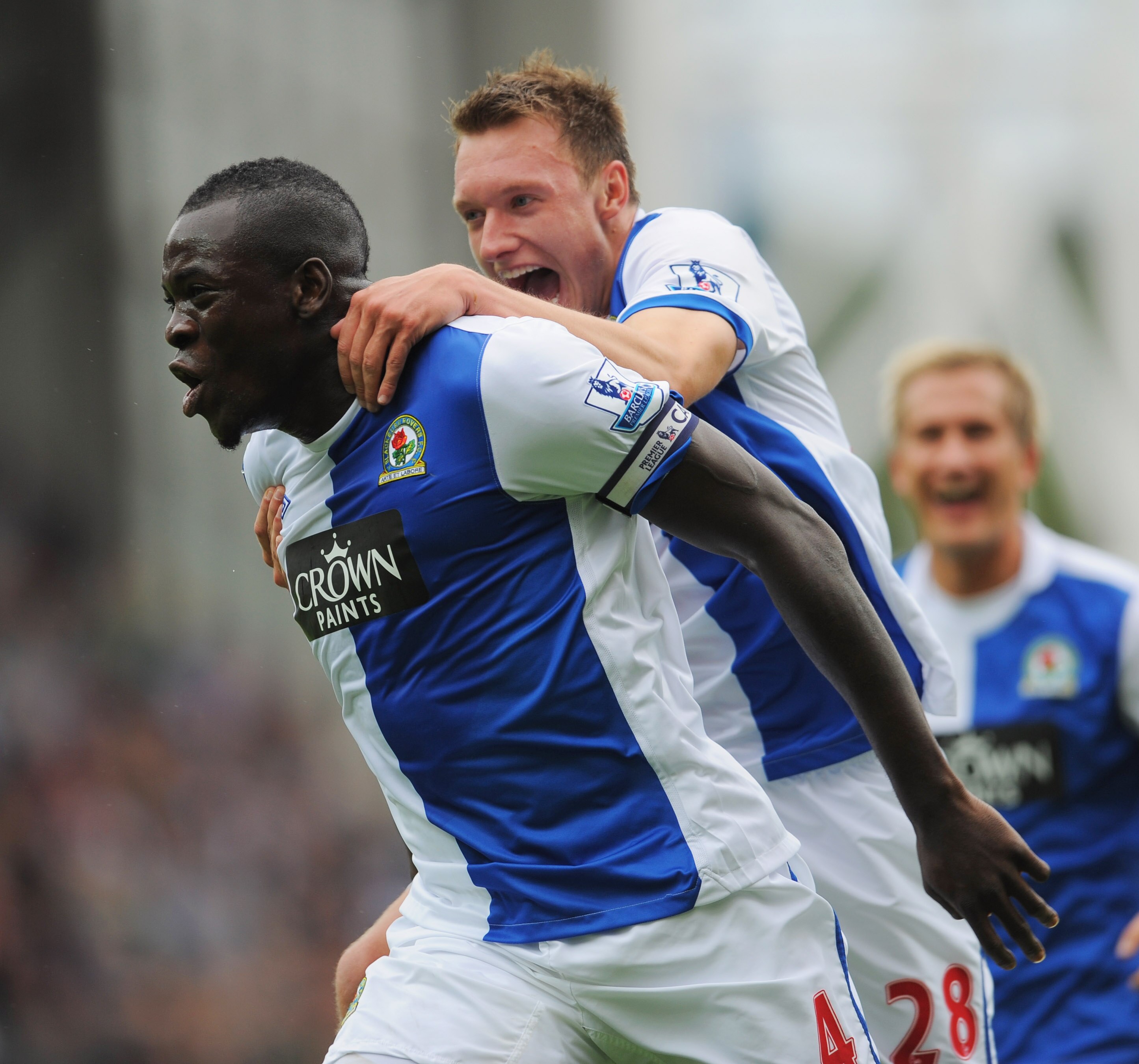 BLACKBURN, ENGLAND - SEPTEMBER 18:  Chris Samba of Blackburn celebrates scoring to make it 1-0 with team mate Phil Jones during the Barclays Premier League match between Blackburn Rovers and Fulham at Ewood park on September 18, 2010 in Blackburn, England
