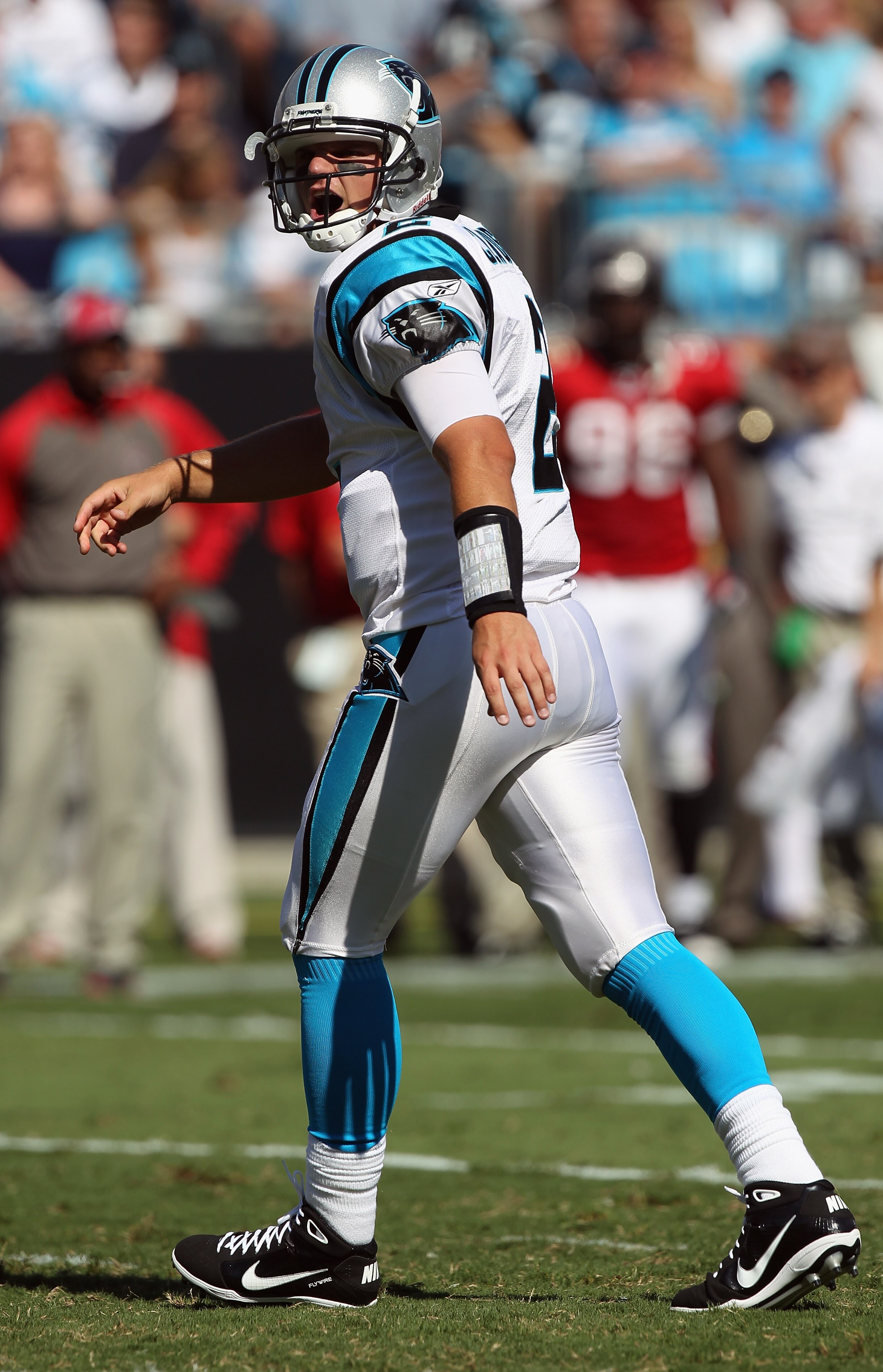 CHARLOTTE, NC - SEPTEMBER 19:  Jimmy Clausen #2 of the Carolina Panthers yells to his teammates against the Tampa Bay Buccaneers during their game at Bank of America Stadium on September 19, 2010 in Charlotte, North Carolina.  (Photo by Streeter Lecka/Get