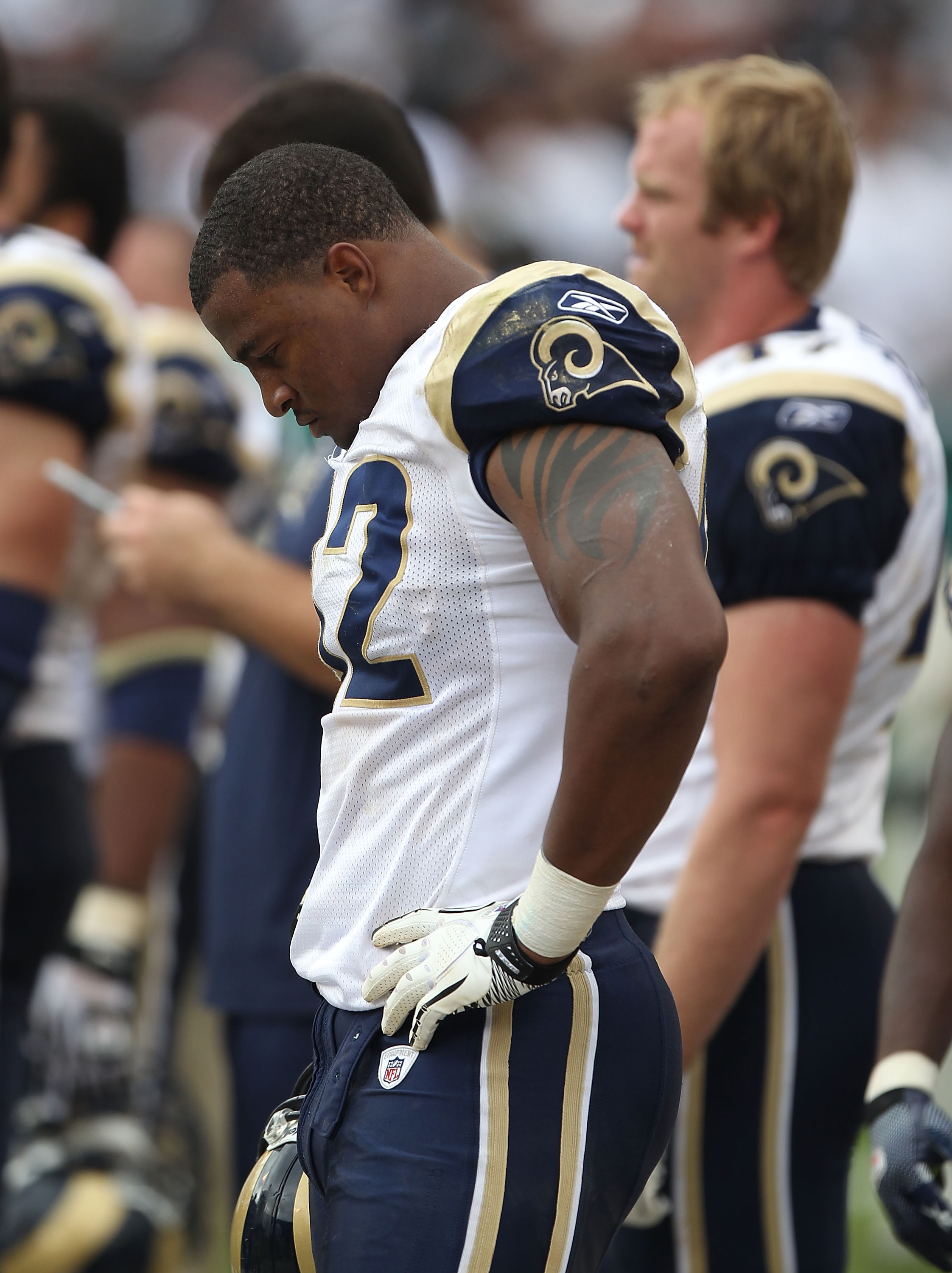 OAKLAND, CA - SEPTEMBER 19:  Eugene Sims #92 of the St. Louis Rams looks on against the Oakland Raiders during an NFL game at Oakland-Alameda County Coliseum on September 19, 2010 in Oakland, California.  (Photo by Jed Jacobsohn/Getty Images)