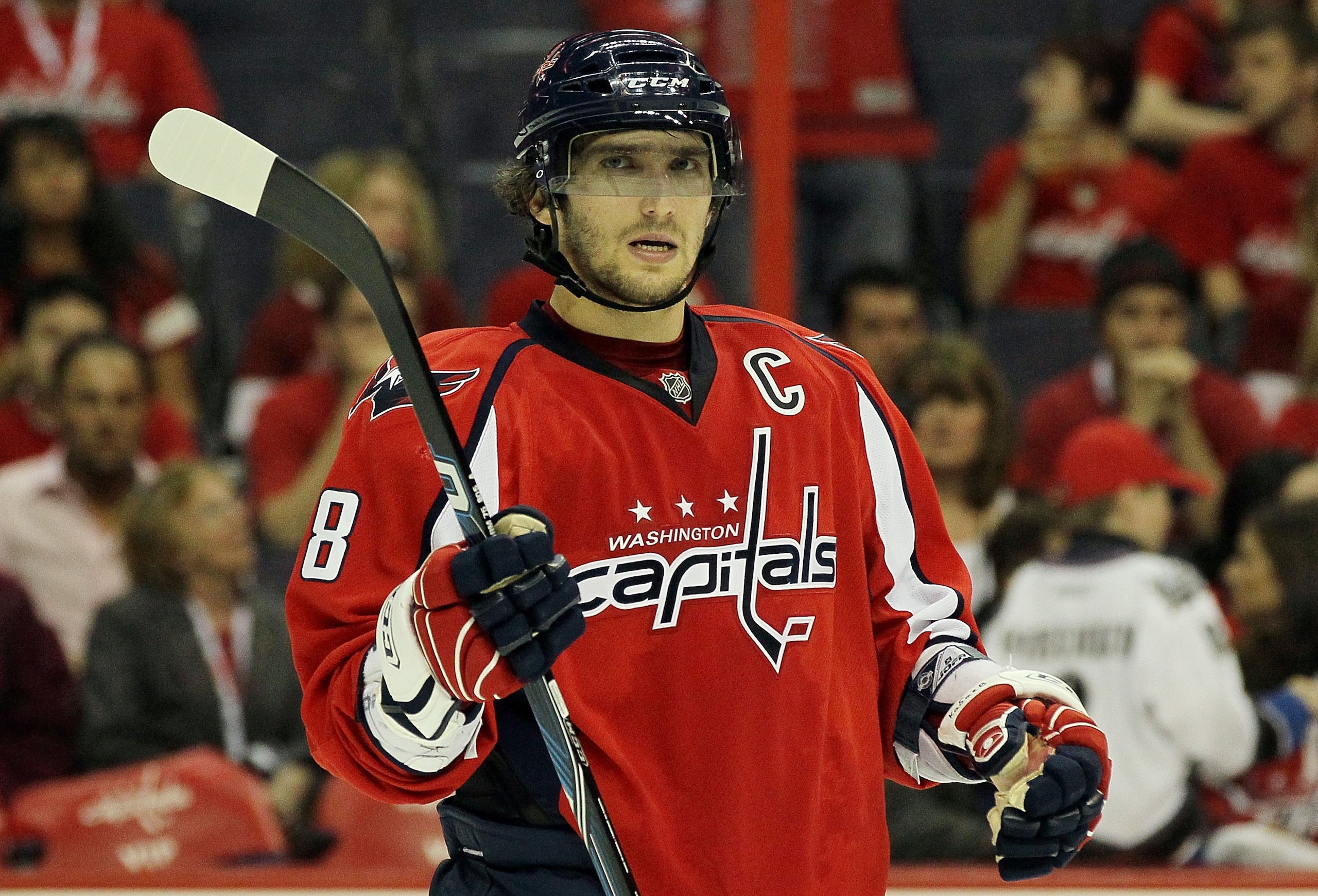 WASHINGTON DC, DC - APRIL 23:  Alex Ovechkin #8 of the Washington Capitals looks on against the Montreal Canadiens in Game Five of the Eastern Conference Quarterfinals during the 2010 NHL Stanley Cup Playoffs at the Verizon Center on April 23, 2010 in Was