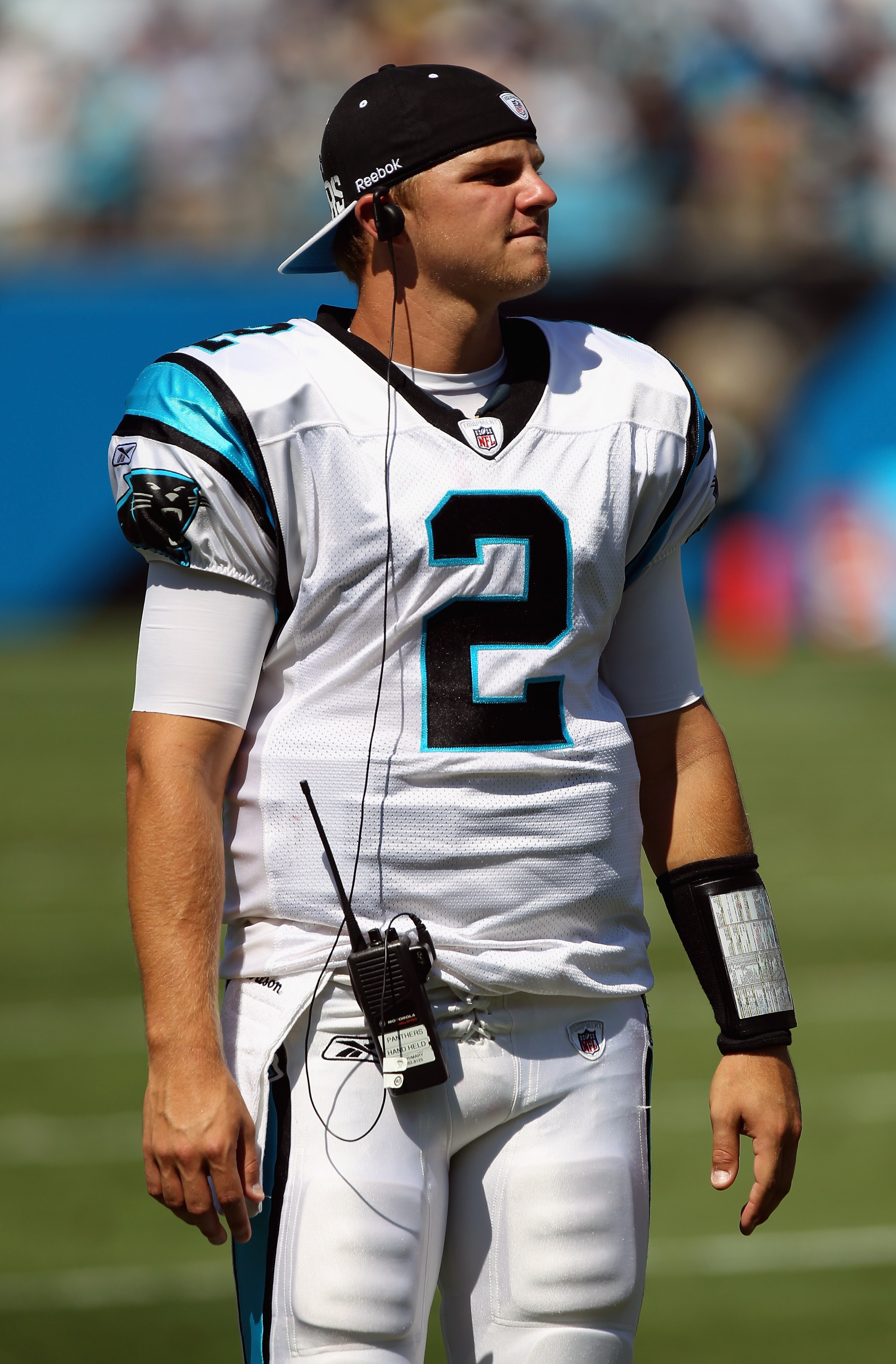 CHARLOTTE, NC - SEPTEMBER 19:  Jimmy Clausen #2 of the Carolina Panthers watches from the sidelines against the Tampa Bay Buccaneers during their game at Bank of America Stadium on September 19, 2010 in Charlotte, North Carolina.  (Photo by Streeter Lecka