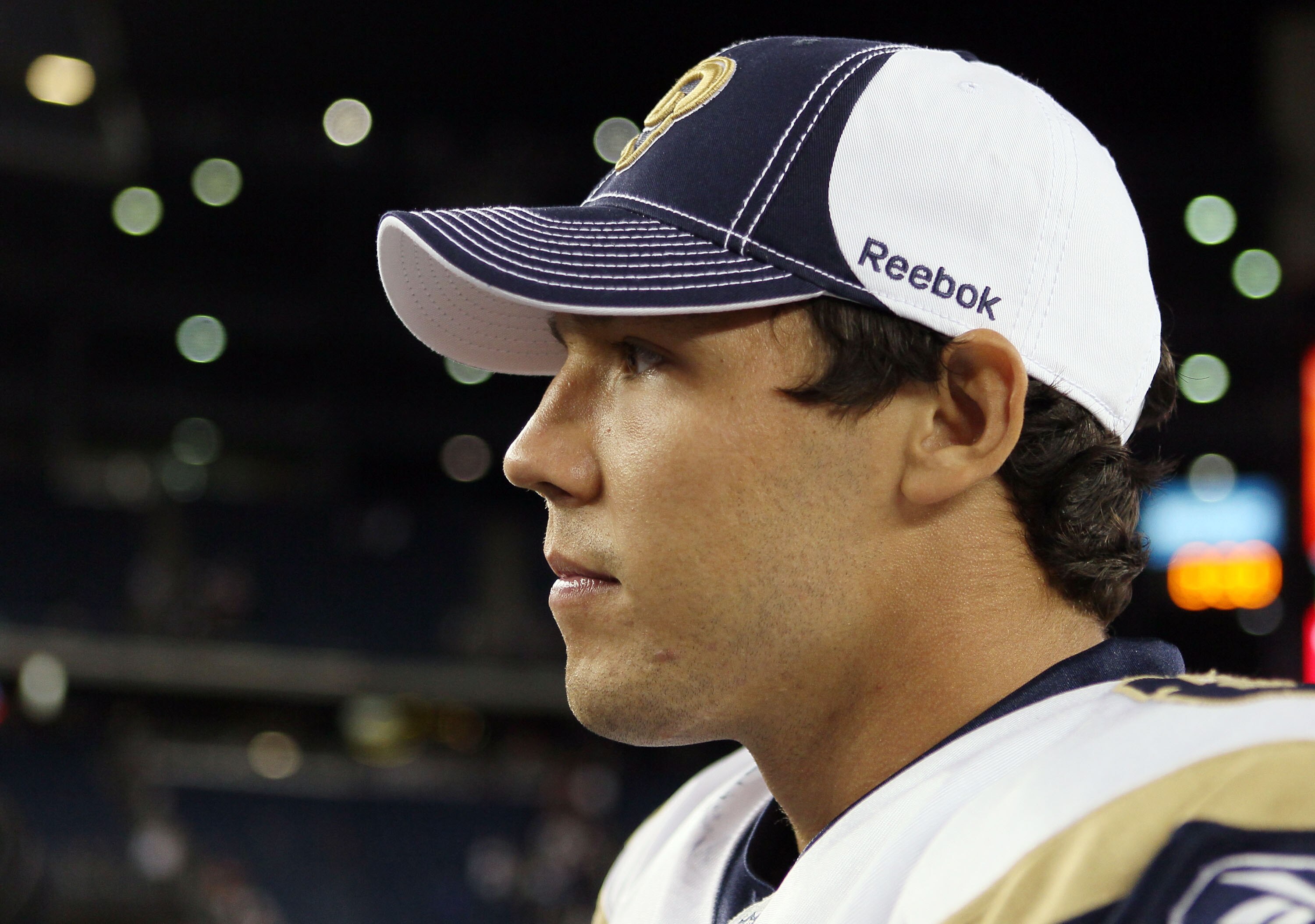 FOXBORO, MA - AUGUST 26:  Sam Bradford #8 of the St. Louis Rams stands on the field after the game against the New England Patriots on August 26, 2010 at Gillette Stadium in Foxboro, Massachusetts. The Rams defeated the Patriots 36-35.  (Photo by Elsa/Get