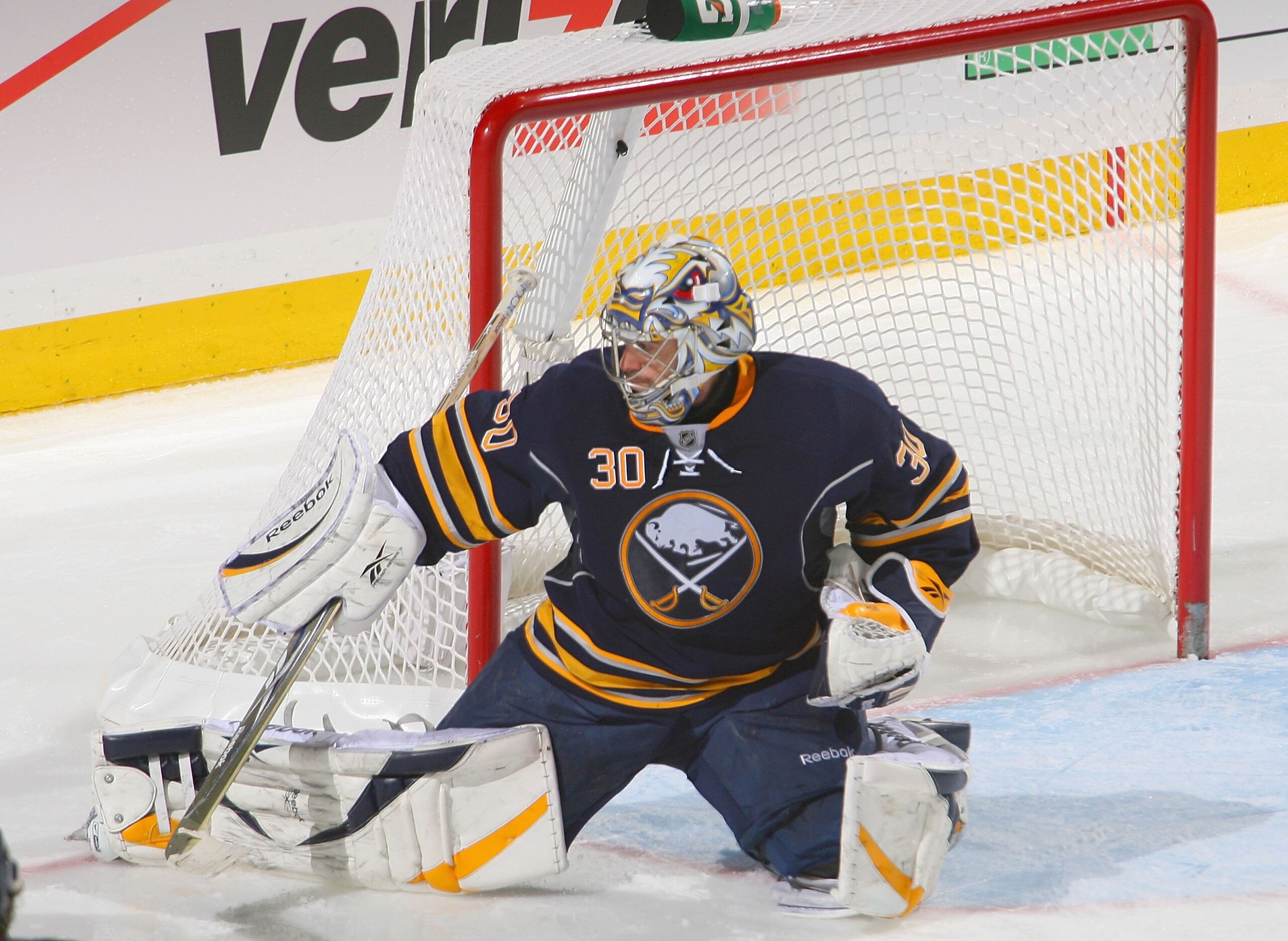 BUFFALO, NY - APRIL 17: Ryan Miller #30 of the Buffalo Sabres makes a save against the Boston Bruins in Game Two of the Eastern Conference Quarterfinals during the 2010 NHL Stanley Cup Playoffs at HSBC Arena on April 17, 2010  in Buffalo, New York.  (Phot