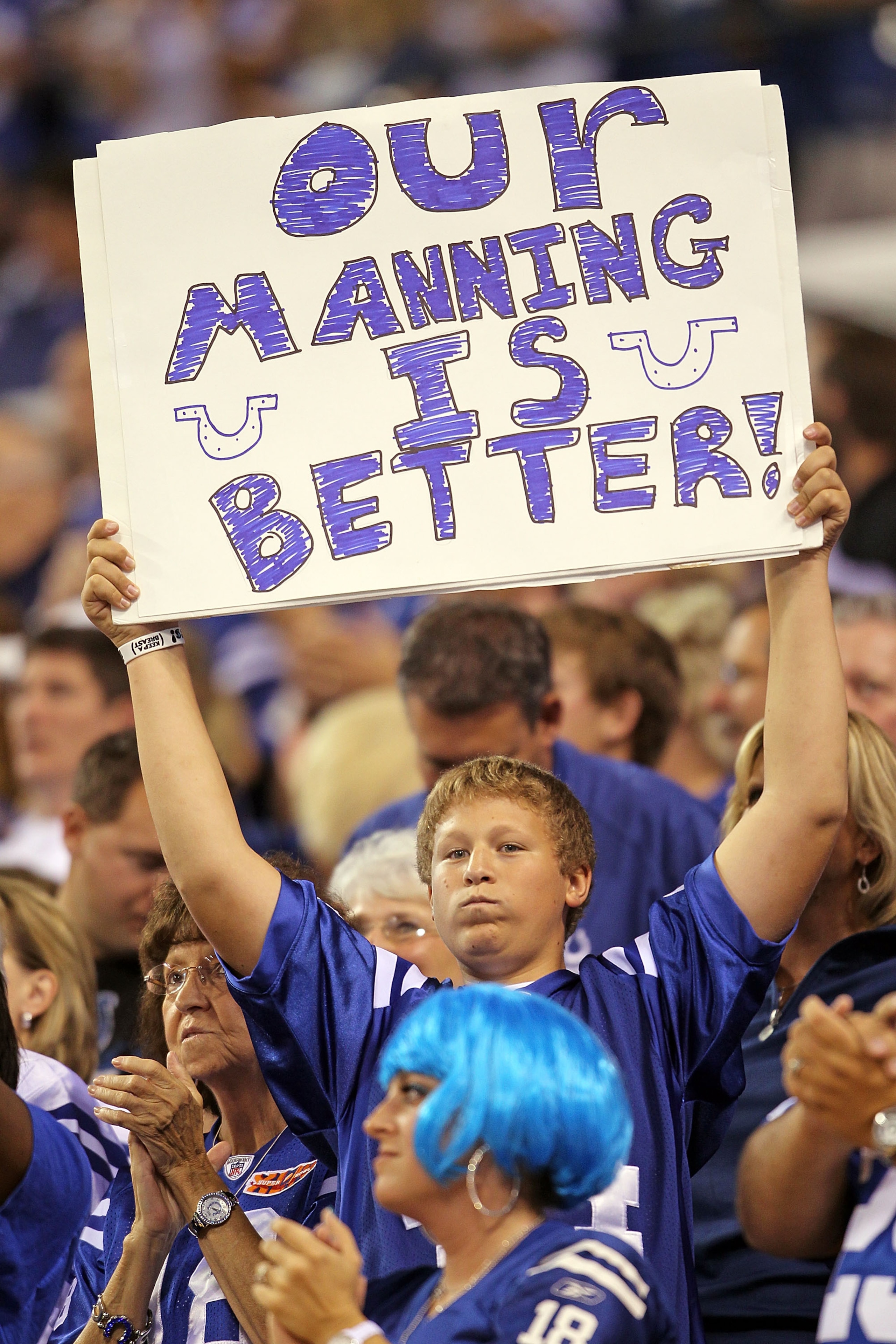 INDIANAPOLIS - SEPTEMBER 19: A Colts fan shows his support during the New York Giants NFL game against the Indianapolis Colts at Lucas Oil Stadium on September 19, 2010 in Indianapolis, Indiana. (Photo by Andy Lyons/Getty Images) INDIANAPOLIS - SEPTEMBER 19: A Colts fan shows his support during the New York Giants NFL game against the Indianapolis Colts at Lucas Oil Stadium on September 19, 2010 in Indianapolis, Indiana. (Photo by Andy Lyons/Getty Images)