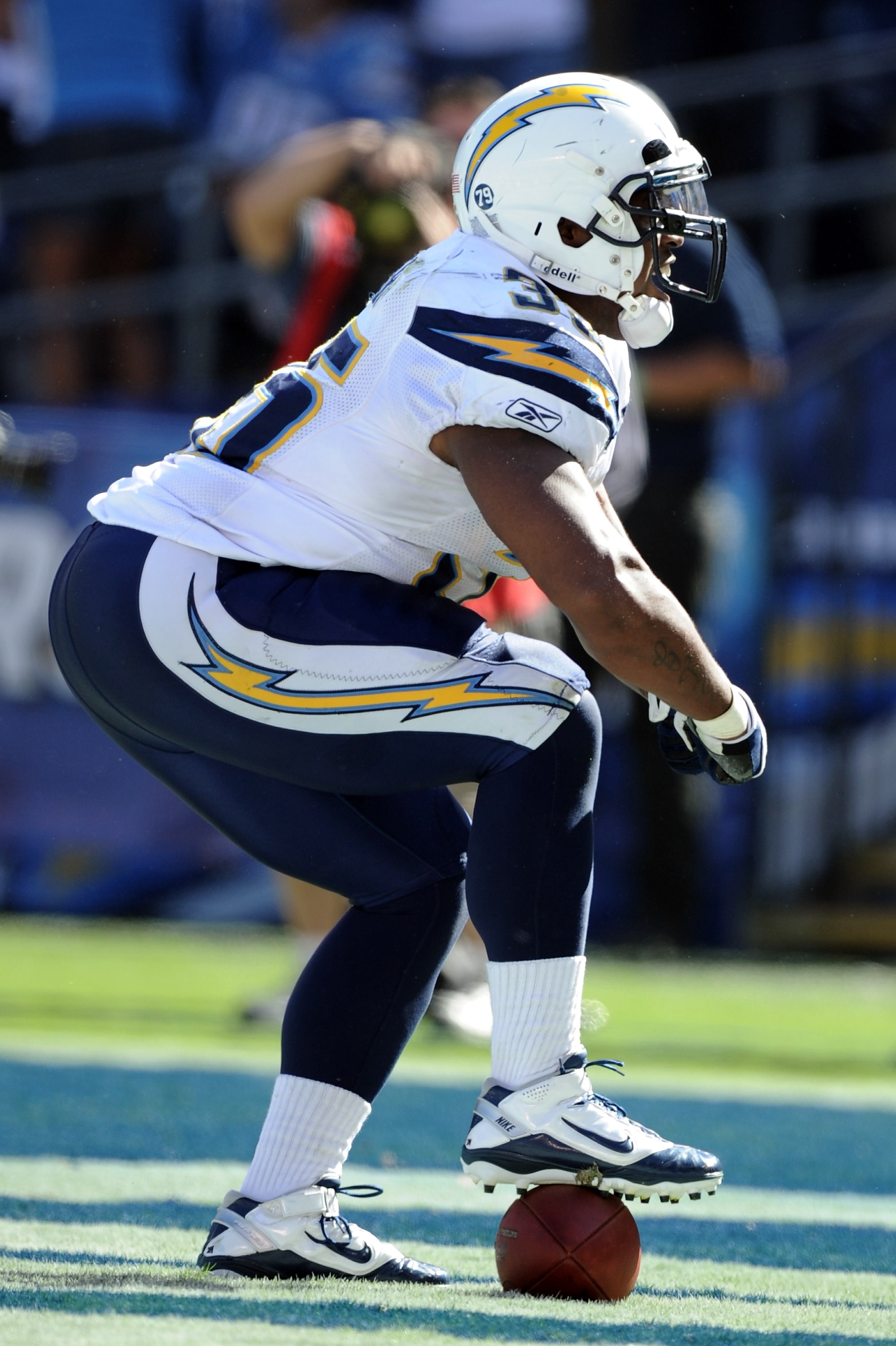 SAN DIEGO - SEPTEMBER 19:  Mike Tolbert #35 of the San Diego Chargers celebrates his second touchdown in the game against  the Jacksonville Jaguars during the fourth quarter at Qualcomm Stadium on September 19, 2010 in San Diego, California. The Chargers