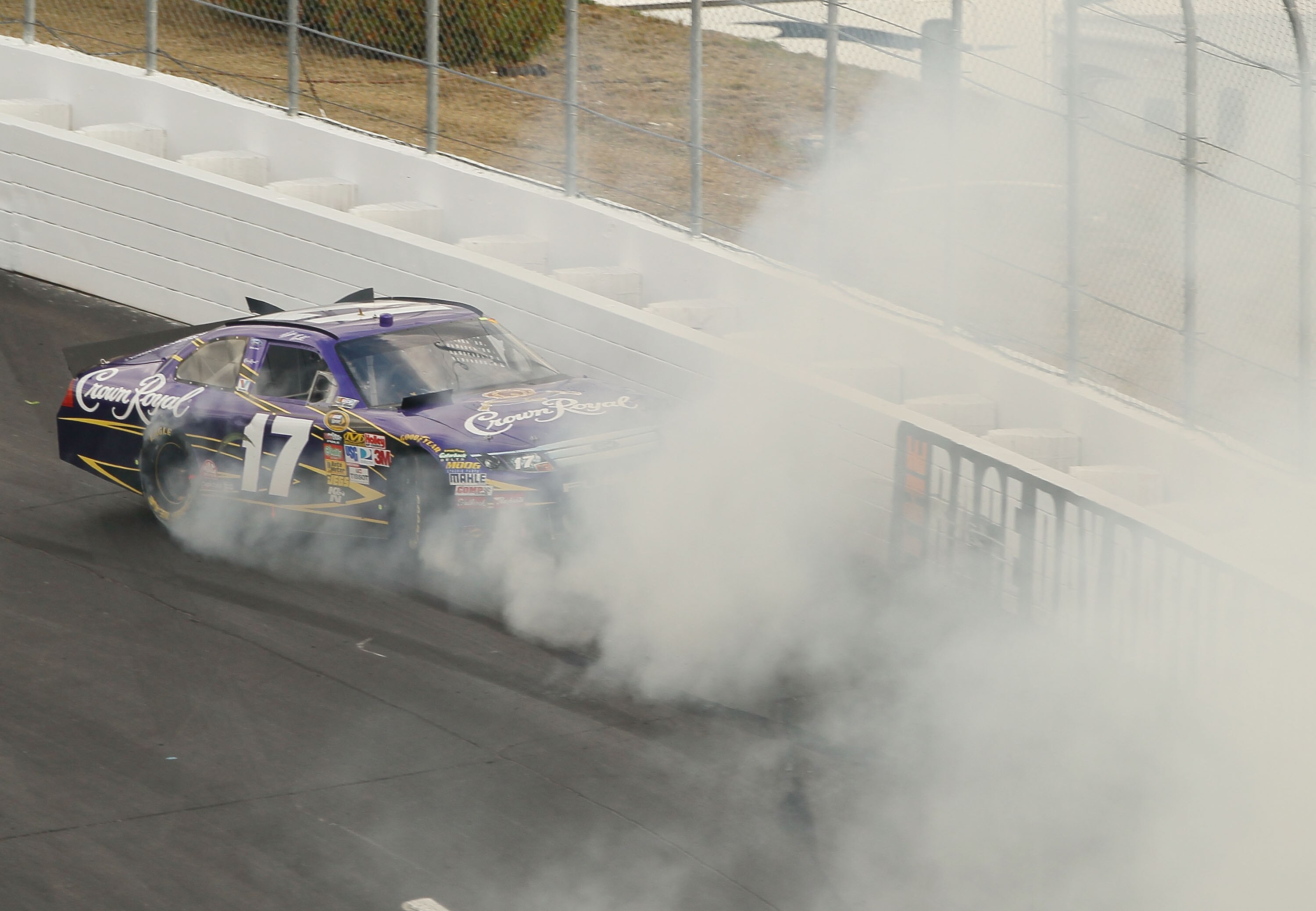 LOUDON, NH - SEPTEMBER 19:  Matt Kenseth, driver of the #17 Crown Royal Ford collides with the wall during the NASCAR Sprint Cup Series Sylvania 300 at New Hampshire Motor Speedway on September 19, 2010 in Loudon, New Hampshire.  (Photo by Elsa/Getty Imag