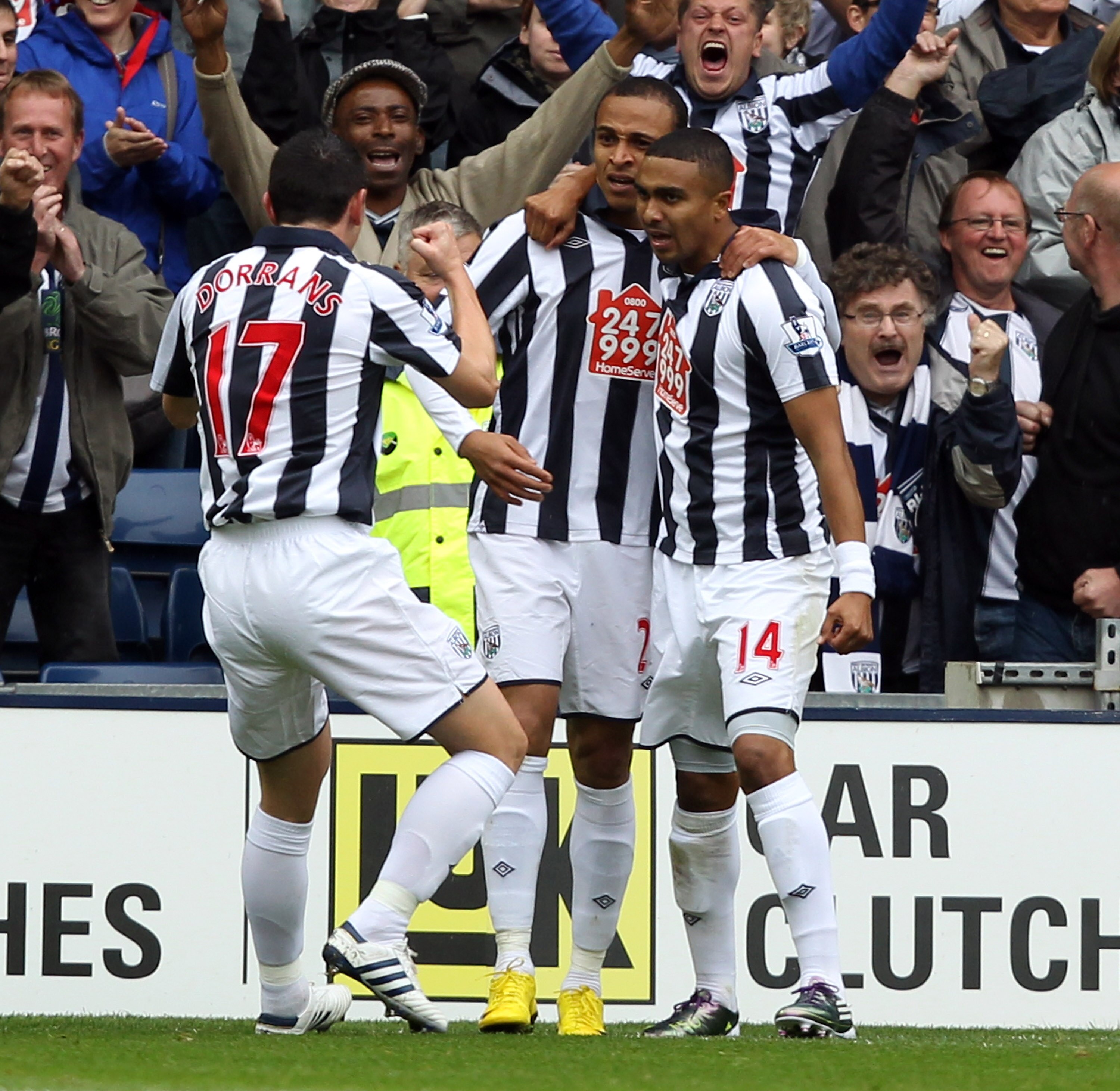 WEST BROMWICH, ENGLAND - SEPTEMBER 18:  Peter Odemwingie of West Brom is congratulated after he scores during the Barclays Premier League match between West Bromwich Albion and Birmingham City at The Hawthorns on September 18, 2010 in West Bromwich, Engla