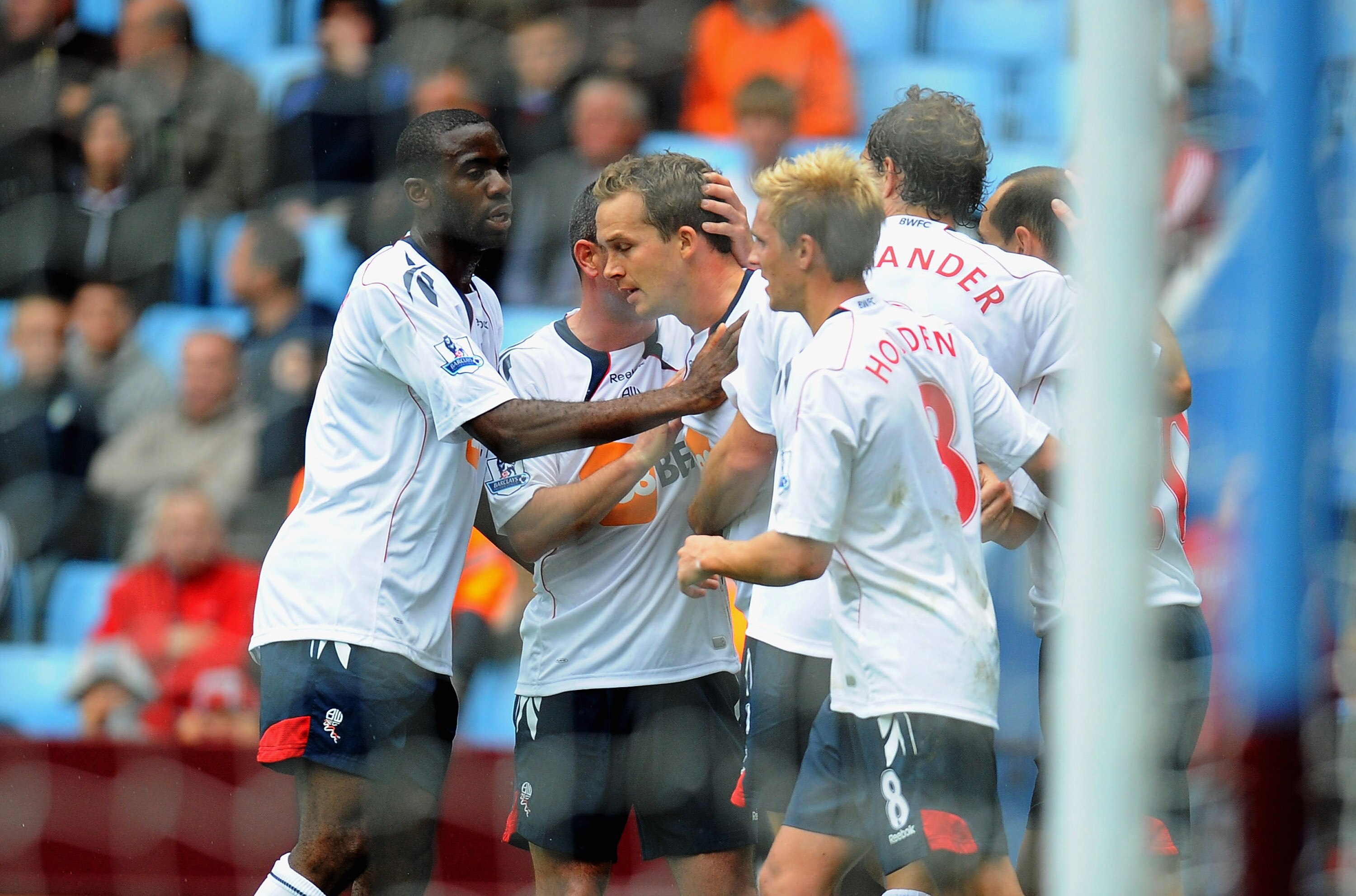 BIRMINGHAM, ENGLAND - SEPTEMBER 18:  Kevin Davies of Bolton is congratulated on his goal during the Barclays Premier League match between Aston villa and Bolton Wanderers at Villa Park on September 18, 2010 in Birmingham, England.  (Photo by Clive Mason/G