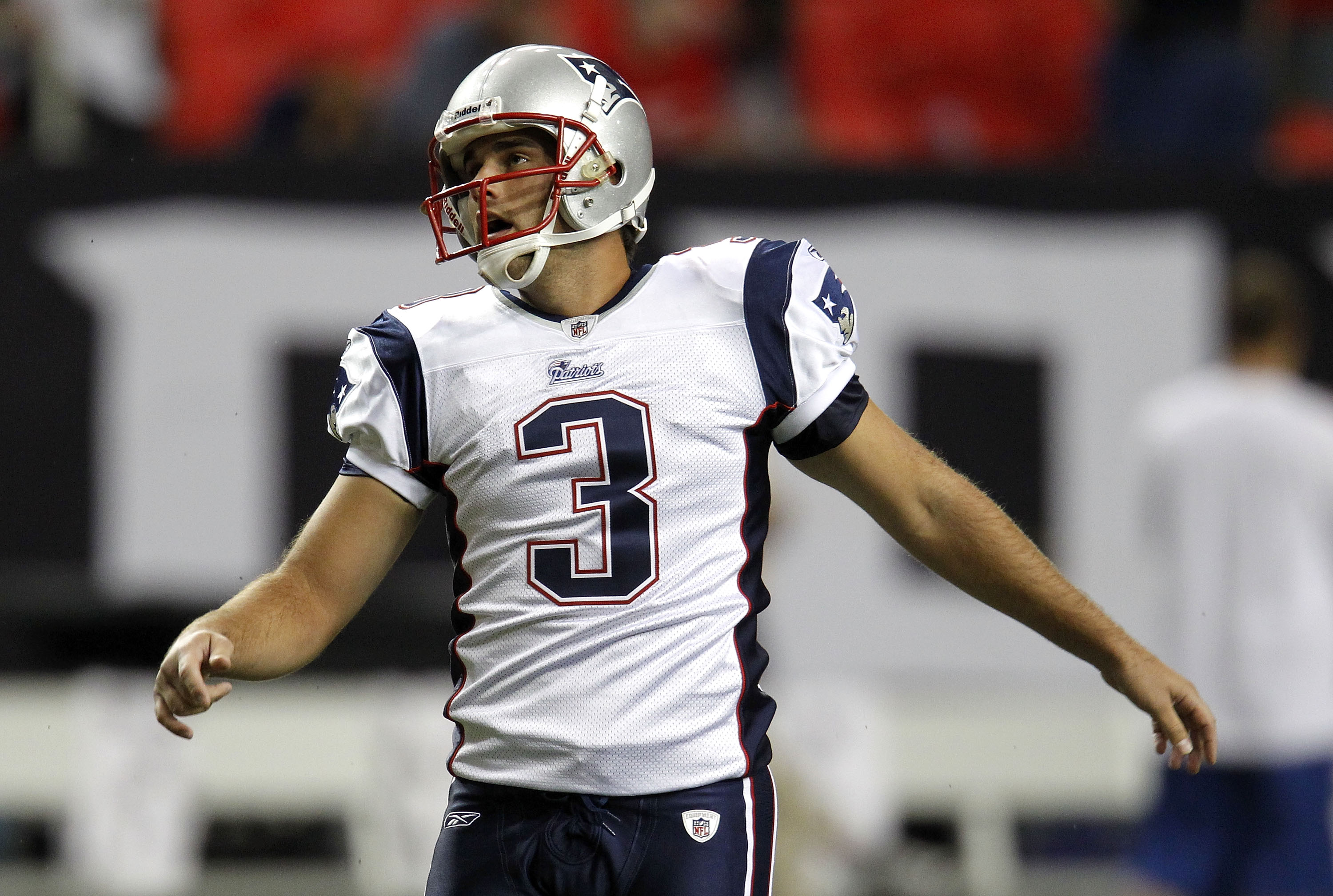 ATLANTA - AUGUST 19:  Kicker Stephen Gostkowski #3 of the New England Patriots follows a kick during pre-game drills before the preseason game against the Atlanta Falcons at the Georgia Dome on August 19, 2010 in Atlanta, Georgia.  (Photo by Mike Zarrilli