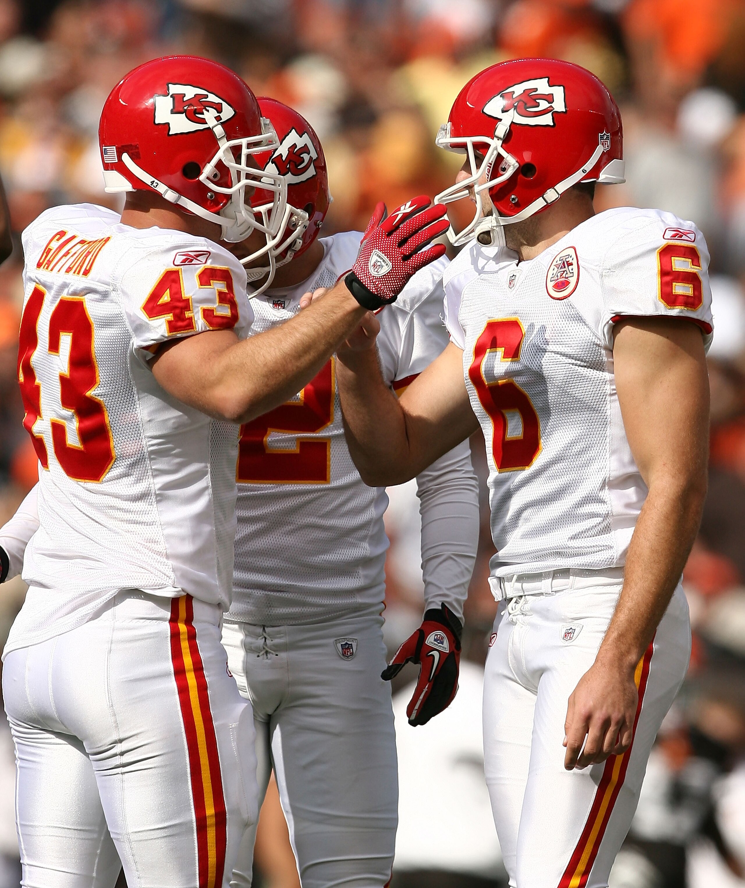 CLEVELAND - SEPTEMBER 19:  Kicker Ryan Succop #6 of the Kansas City Chiefs celebrates after a field goal with Thomas Gafford #43 and Dustin Colquitt #2 against the Cleveland Browns at Cleveland Browns Stadium on September 19, 2010 in Cleveland, Ohio.  (Ph